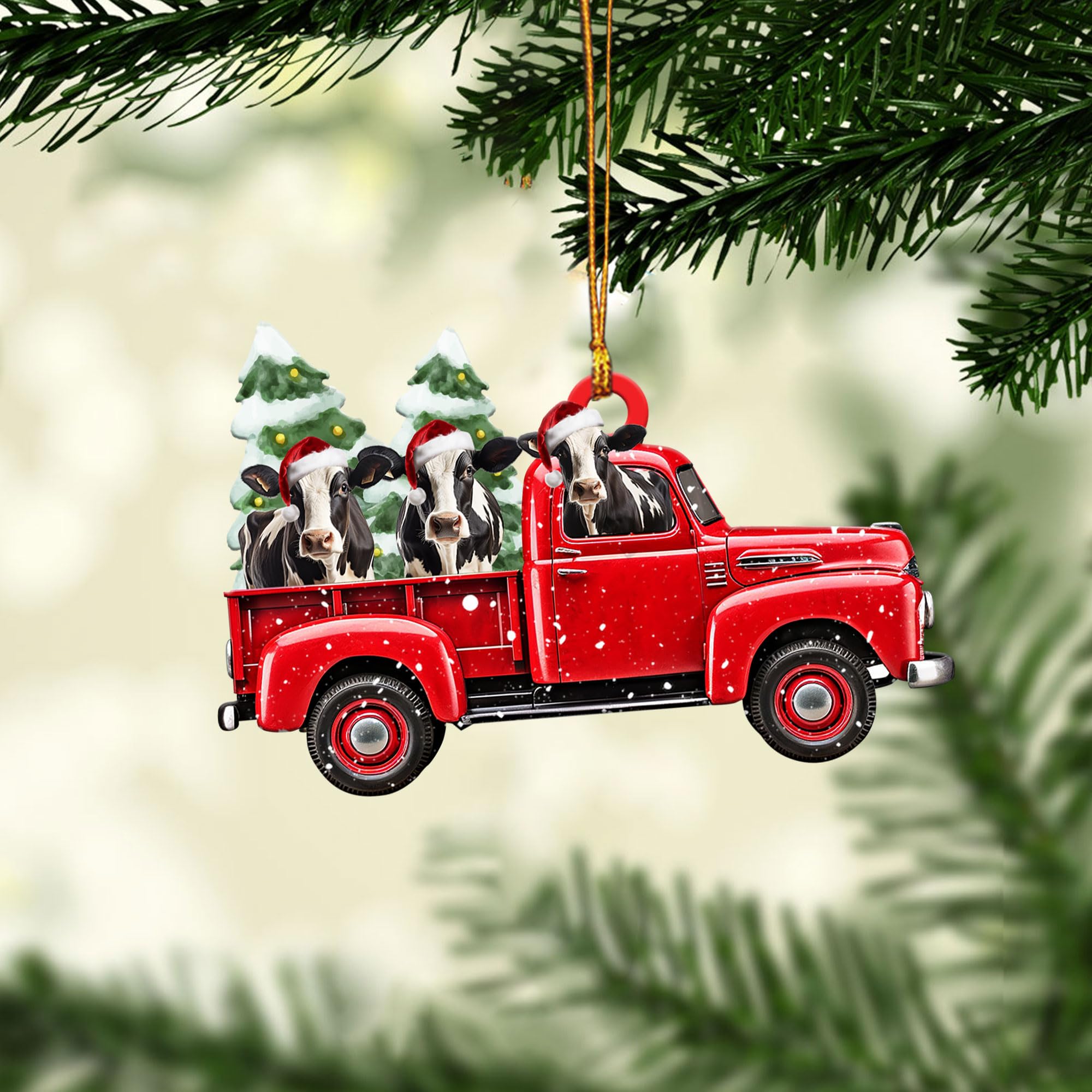 Talataca Adorno de Navidad plano 2D de ganado lechero, camioneta roja de vaca lechera, decoración de pino Ganado Lechero, colgante