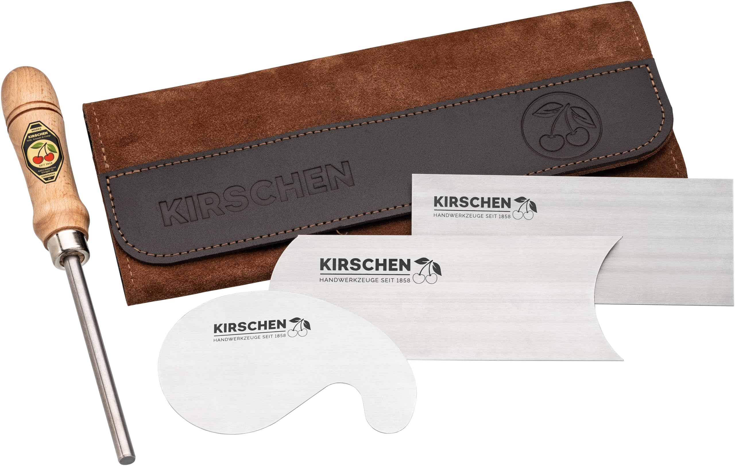 Kirschen 3824001 - Juego de 3 cuchillas de dibujo (3 piezas, con funda de piel, rectangular, cóncava/cuello de cisne, hoja de acero, herramienta de madera, elección ideal para trabajos de madera de