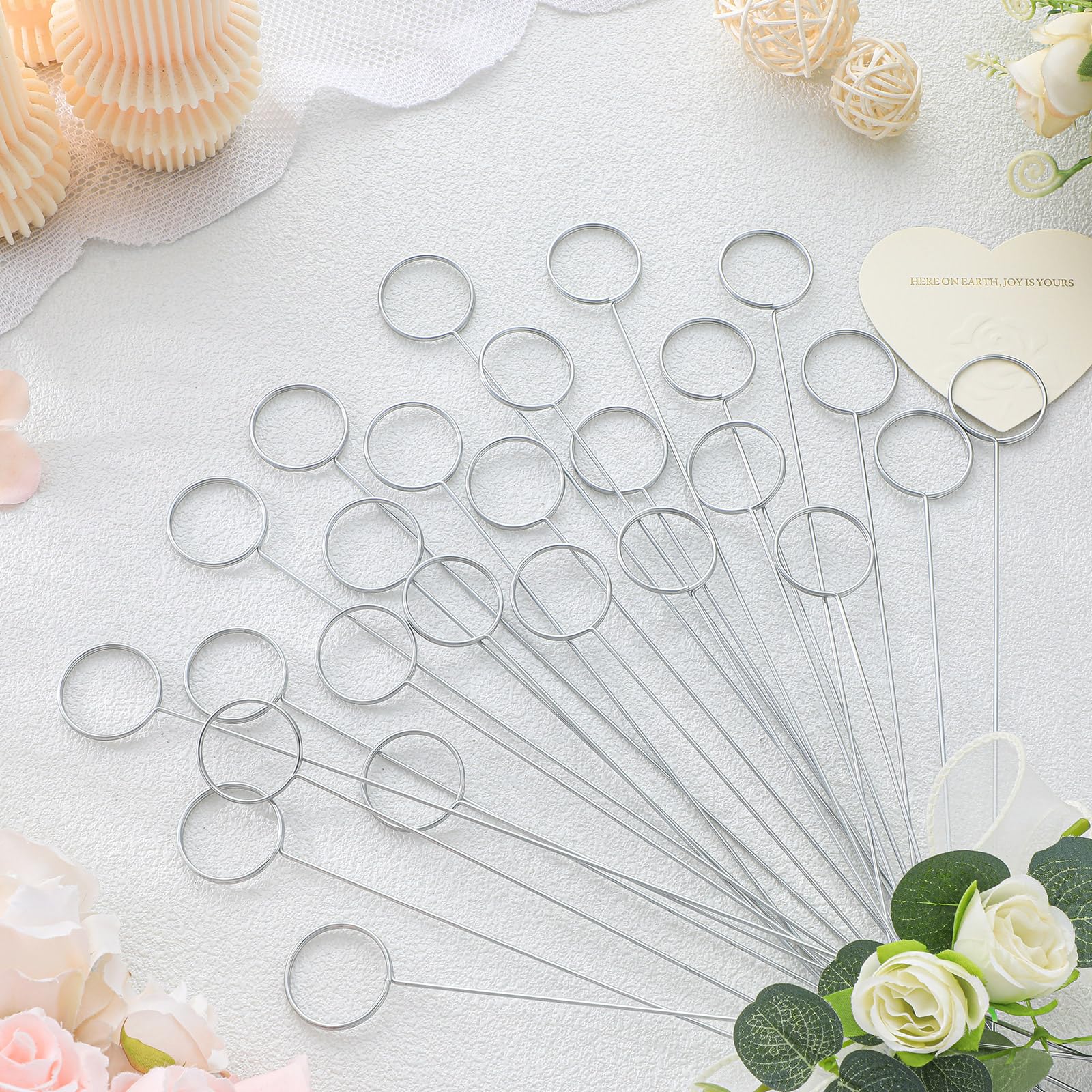 Hotop 30 segnaposto a forma di fiore in filo metallico, 34 cm, per foto, promemoria, rotondi, per centrotavola, tavolo, matrimoni, baby shower, bomboniere (argento)