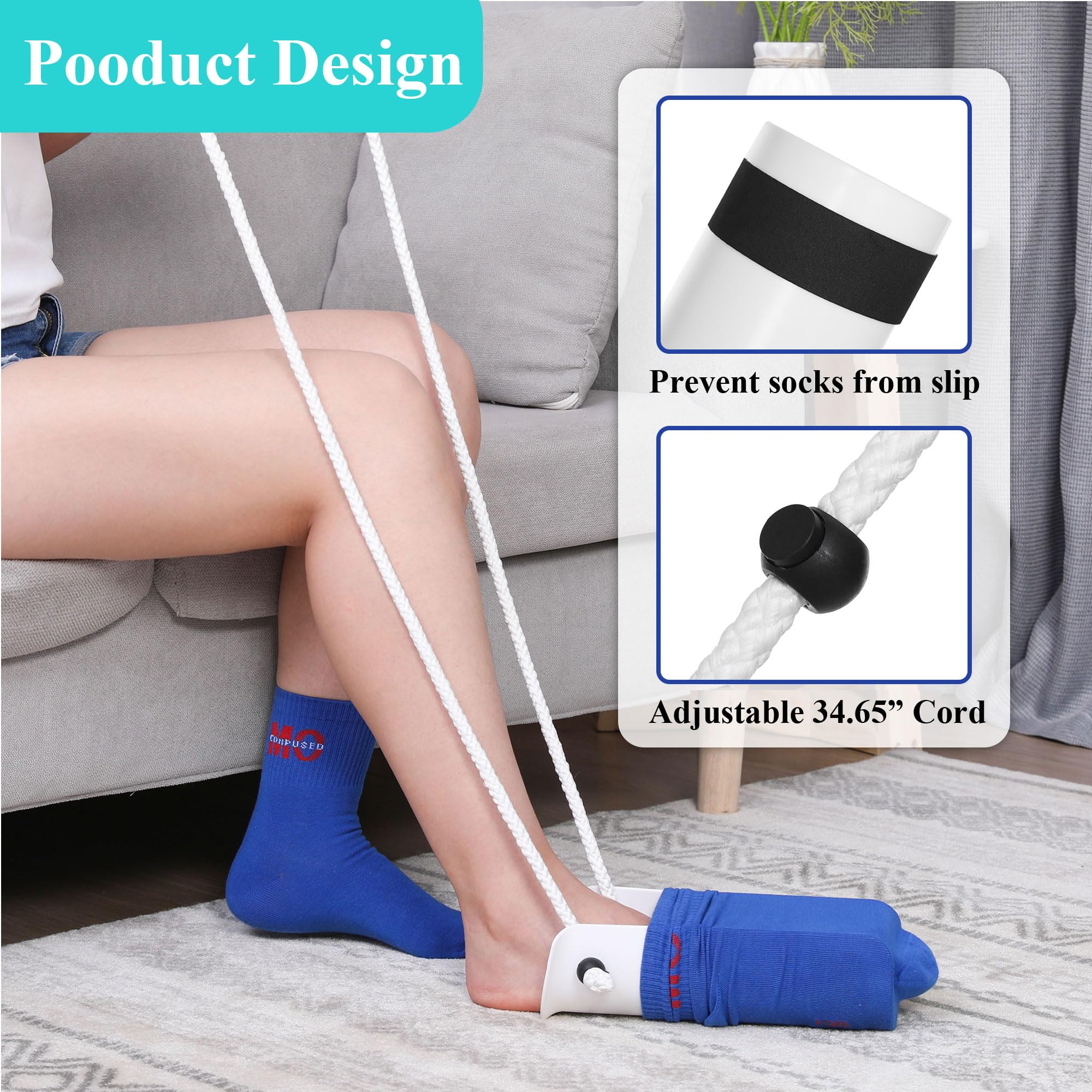 Kit de ayuda para calcetines para personas mayores (ayudante de calcetín y bastón de vestir) – Ayudantes de calcetines para poner en tus calcetines sin doblarse – Cuerno extendido ajustable de 35