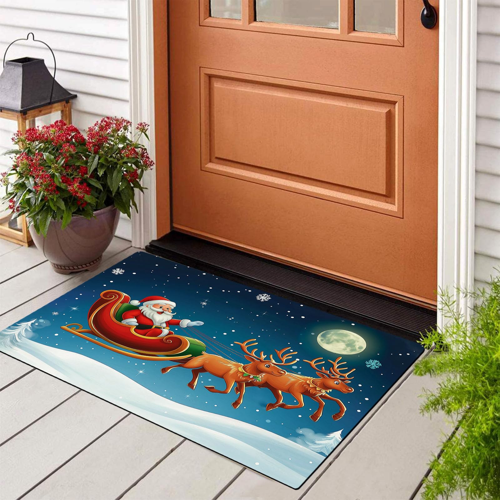 Felpudo Entrada Navidad 90 x 150 cm, Alfombra Entrada Casa Interior Antideslizante Papá Noel, Lavable Felpudo de Alfombrilla Renos Trineo, Interior Tapete Azul