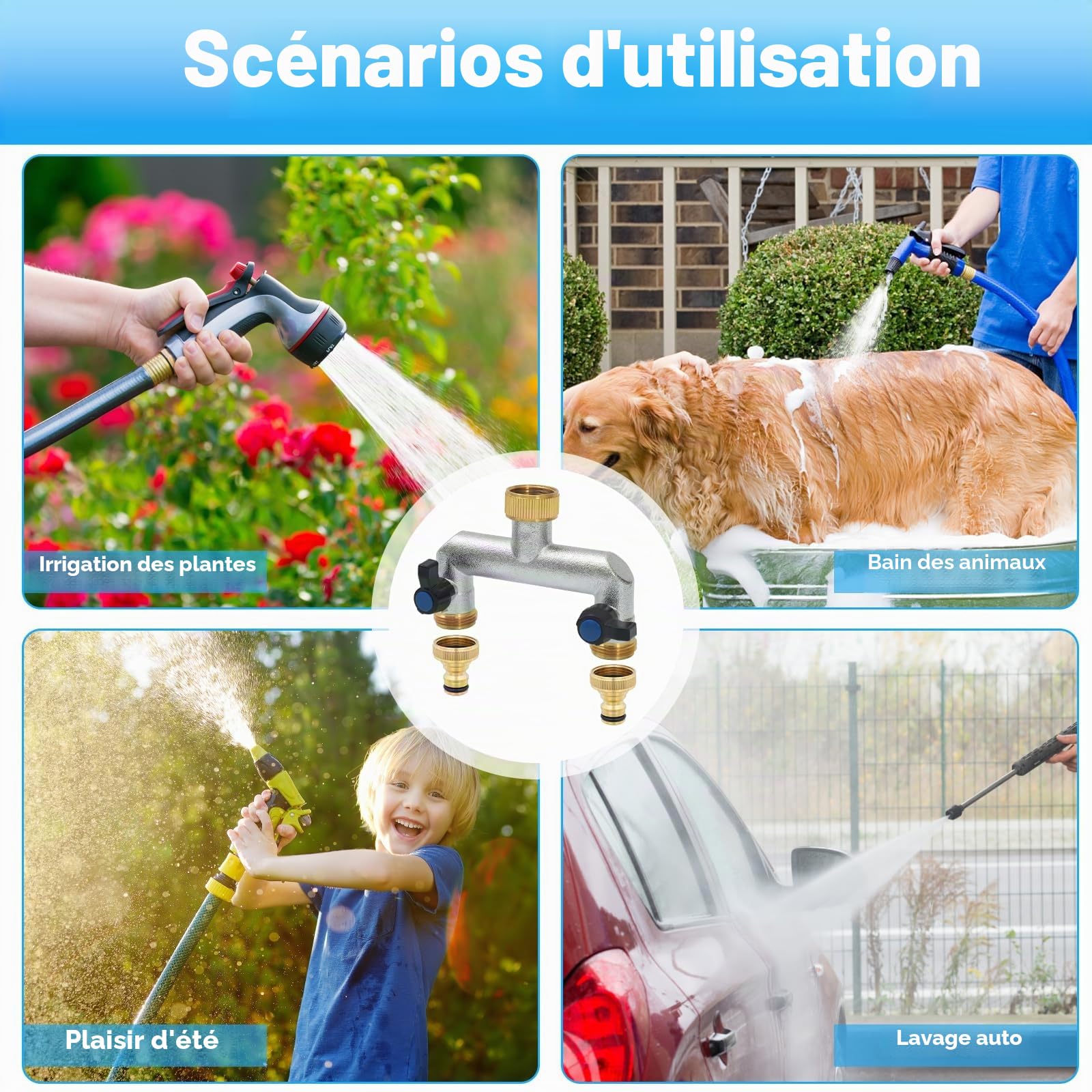 Robinet Distributeur 2 Voies, Adaptateur de Tuyau D'arrosage 3/4, Distributeur D'eau à 2 Voies de avec à Boisseau Sphérique, Vanne 2 Voies Distributeu D'eau Les systèmes d'irrigation