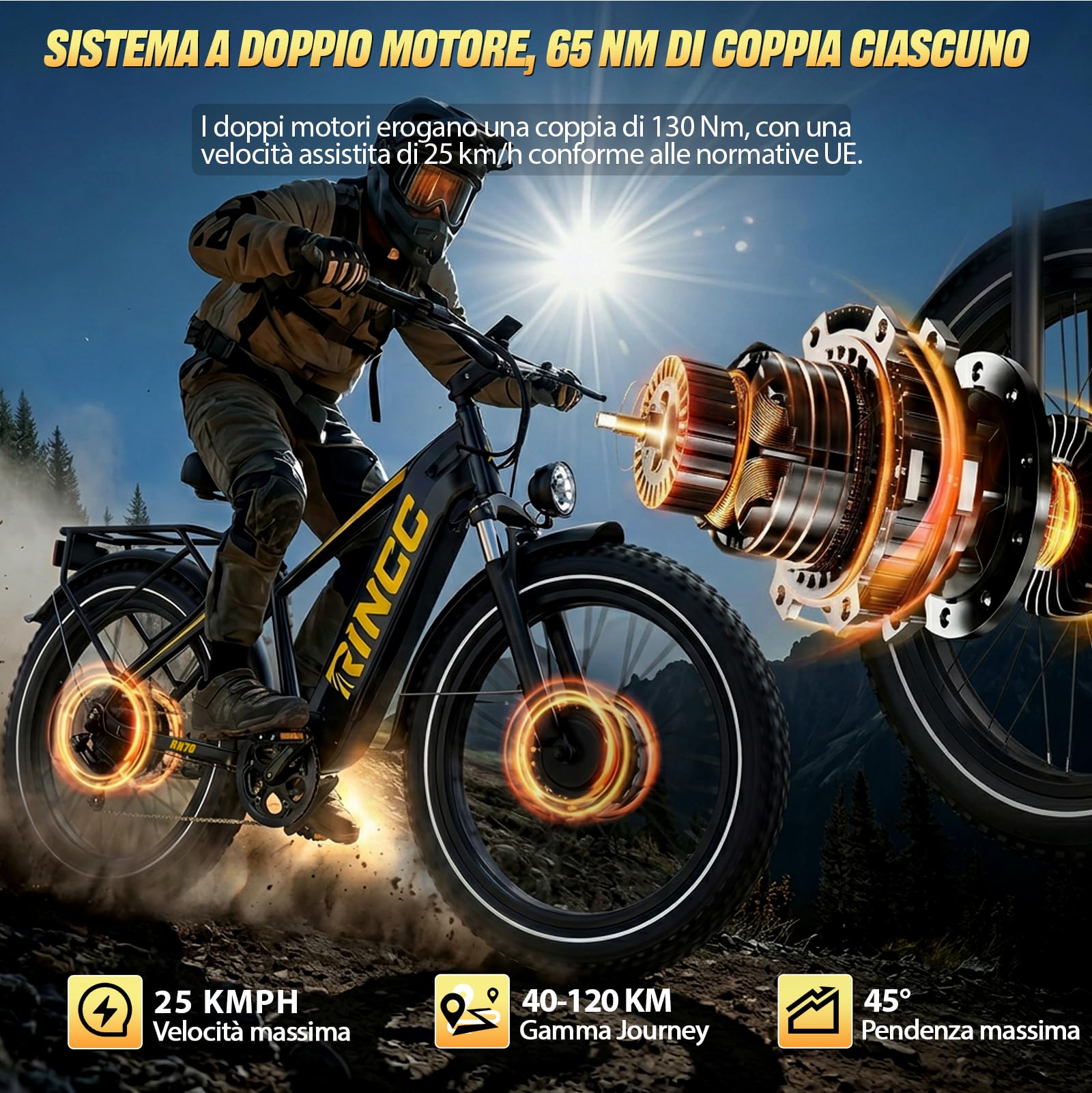 RINCC RN70 Bici Elettrica a Doppio Motore per Uomo Adulto, Mountain Bike Elettrica Fuoristrada, Pneumatici Fat 26 x 4.0, Telaio in Alluminio, Batteria 48V 20Ah, Autonomia fino a 120 km