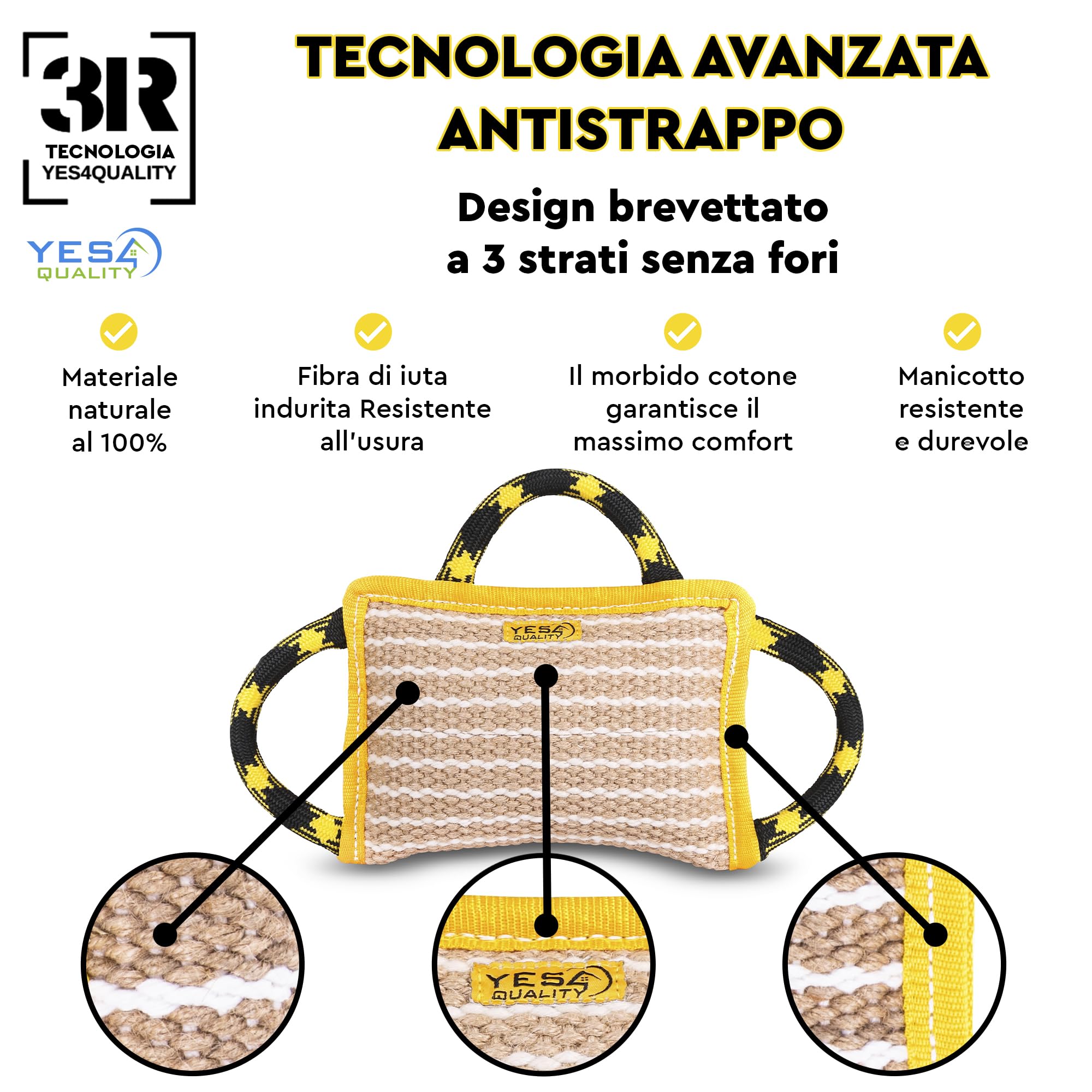 Cuscino per morso di cane 25x18 cm con 3 manici in nylon, Giocattolo da masticare per cani per sport e allenamento, Giocattolo da rimorchiatore per gioco interattivo di Yes4Quality