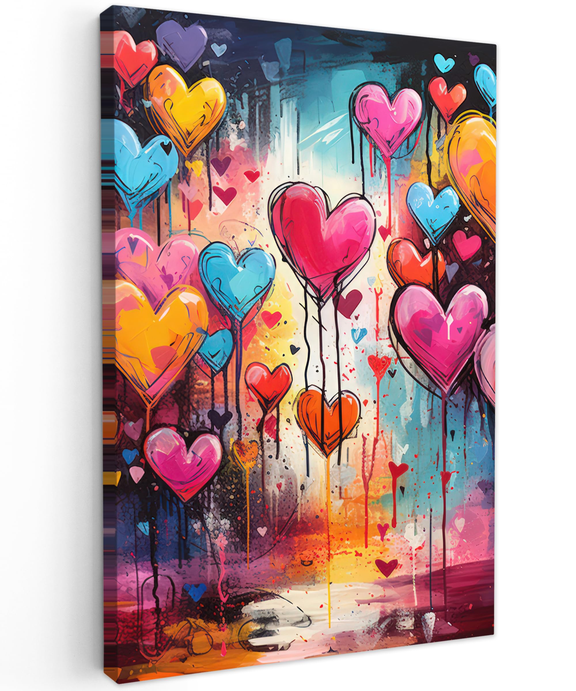 MuchoWow© Leinwände Groß 80x120 cm XXL Wall Decoration Bilder Schlafzimmer Deko Pictures Canvas Painting Wanddekoration Wohnzimmer Banksy - Street Pop Art - Herzen - Farben - Kunst - Liebe