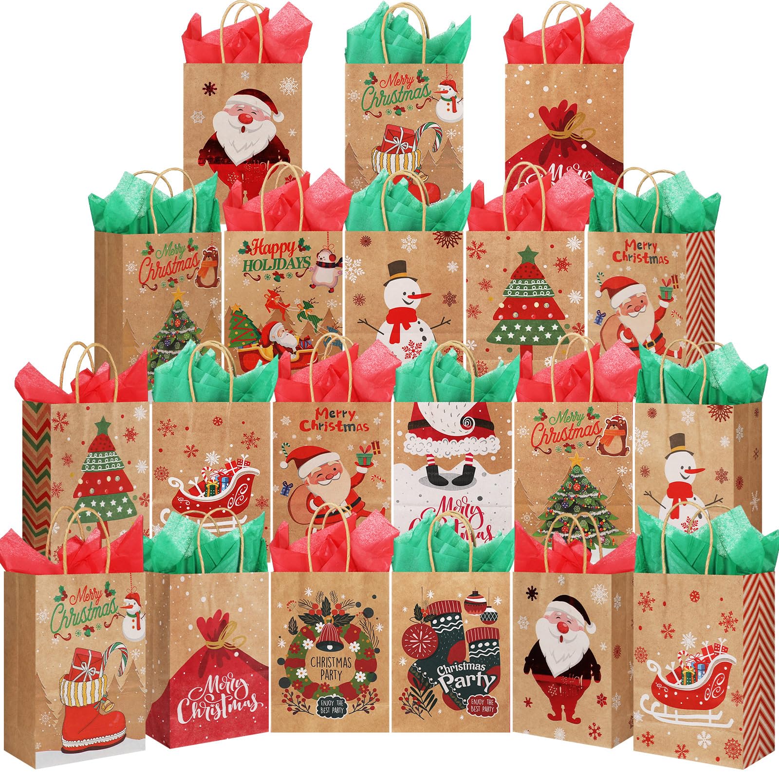 Cholemy 100 bolsas de regalo de Navidad con varios estampados de Navidad, bolsas de regalo de Navidad con asas, bolsas de papel de regalo de Navidad para envolver vacaciones de Navidad (estilo fresco,