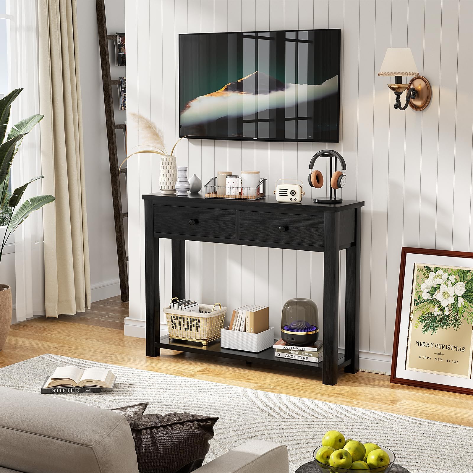 iSunirm Table console de style ferme en bois avec 2 tiroirs, table de 80 cm de large avec compartiment de rangement pour salon, derrière le canapé, table d'entrée pour couloir, salon ou entrée, Noir