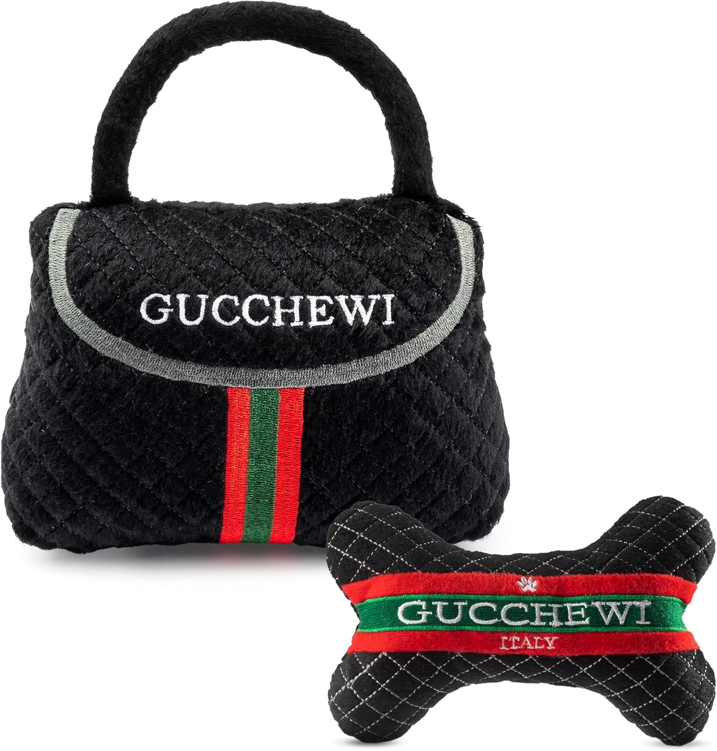 Dog Diggin Designs Gucchewi Collection Set of 2 Unique, Squeaky, Plush Toys: Bag & Bone