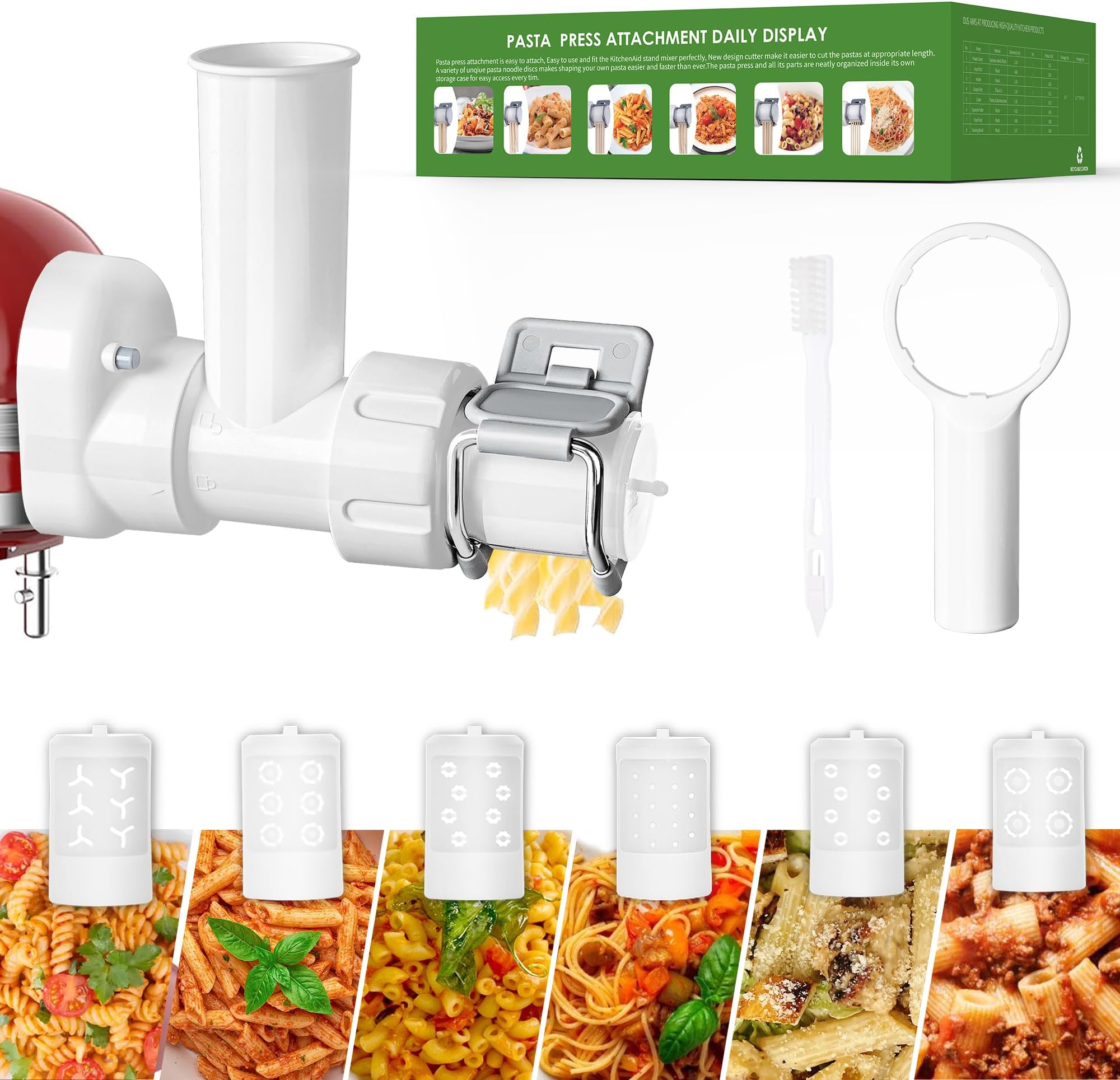6 in 1 Pasta Attachment for Kitchenaid Stand Mixer, Durable Pasta Maker Attachment for Easy Homemade Fresh Noodles with 6 Different Shapes Pasta Outlet & Cleaning Brush, Dishwasher Safe