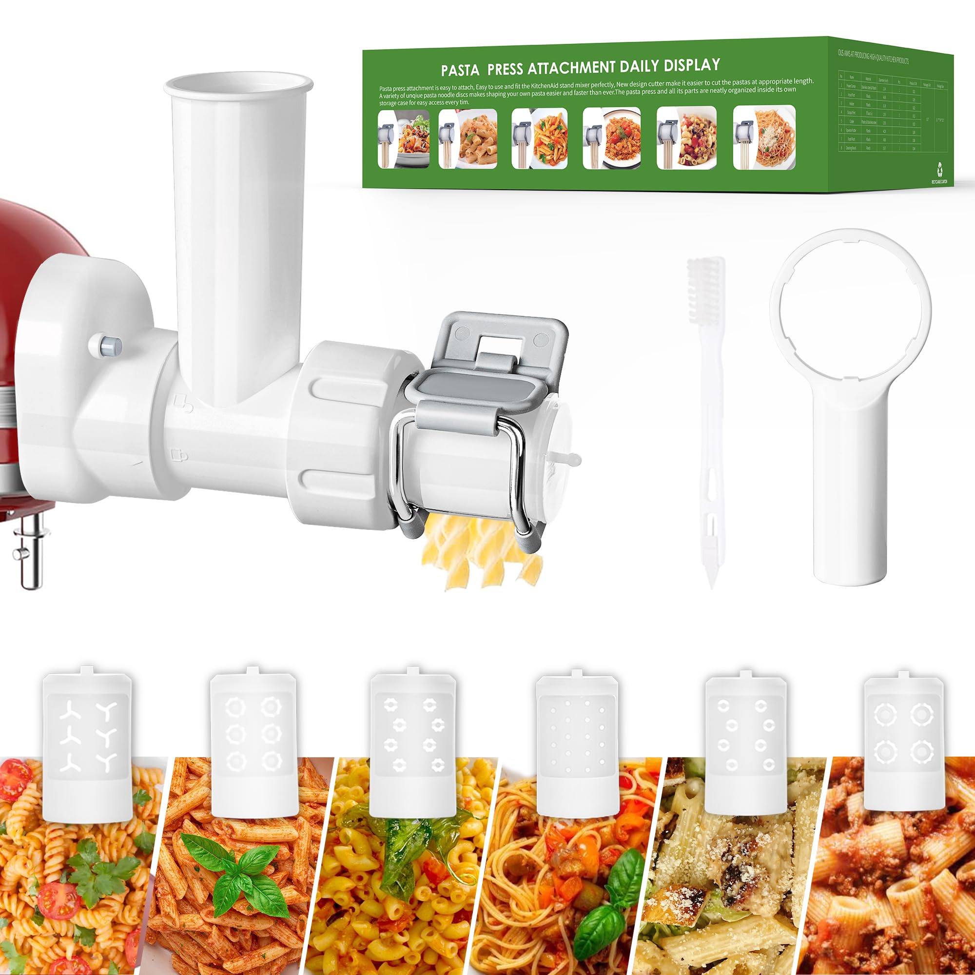 6 in 1 Pasta Attachment for Kitchenaid Stand Mixer, Durable Pasta Maker Attachment for Easy Homemade Fresh Noodles with 6 Different Shapes Pasta Outlet & Cleaning Brush, Dishwasher Safe