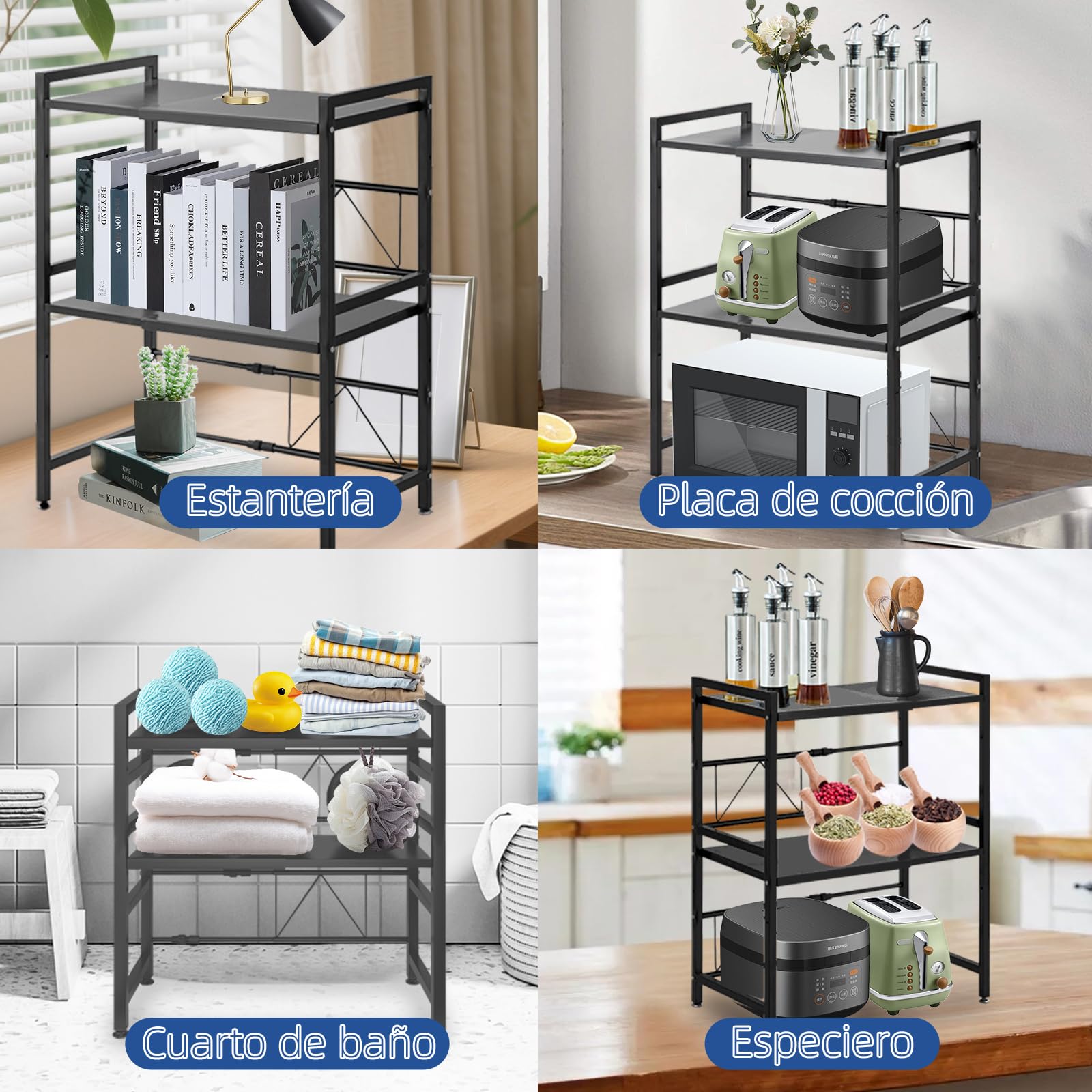 Estantería para microondas, 2 Niveles, Ajustable, 42 – 64 cm, 75 kg de Capacidad de Carga de Acero Inoxidable, Altura Regulable, Estante de Cocina con Gancho (Negro)