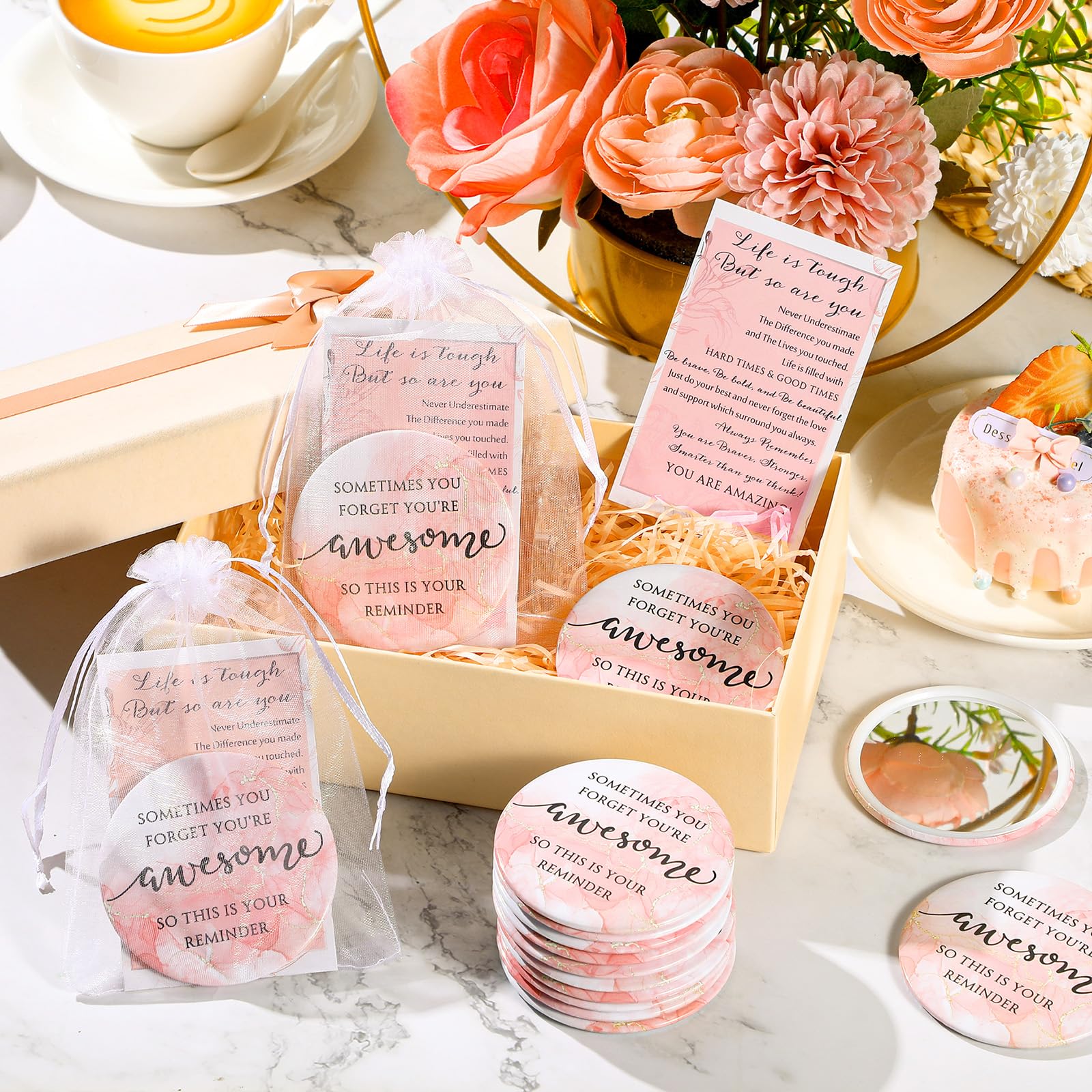 Cinnvoice Juego de 50 espejos compactos inspiradores para mujeres, a granel, con texto en inglés "Sometimes You Forget You're Awesome Makeup", espejo de bolsillo para bolso, tarjetas motivacionales