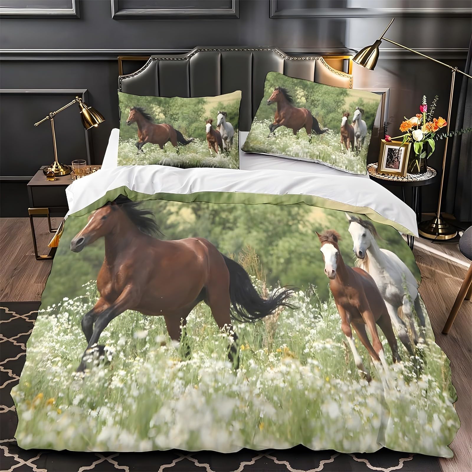 Ypthriline Super King Duvets Set Steed Bedding Set Microfiber Green Duvet Covers with Pillowcases Reversible Bedding With Zipper Closure 260x220CM