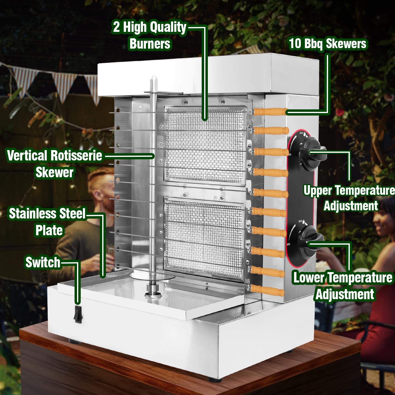 Máquina de Parrilla Shawarma Profesional 2 Quemadores, Asador para Kebabs y Tacos Al Pastor, Incluye 10 Pinchos de Acero Inoxidable