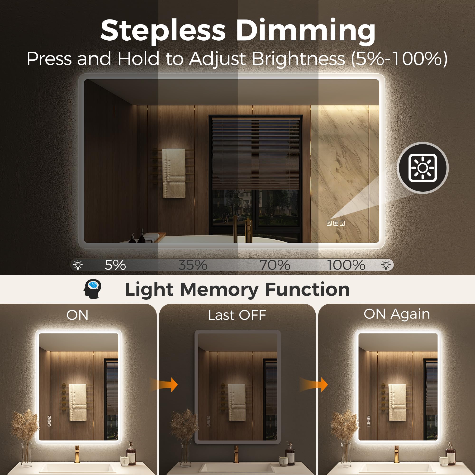 STARLEAD Grand Miroir-LED-Salle-de-Bain-avec-Éclairage 120x70cm, Bluetooth, Dimmable, 3 Couleurs Légères, Anti-buée, Mémoire, IP44, Verre Trempé HD, Horizontal/Vertical