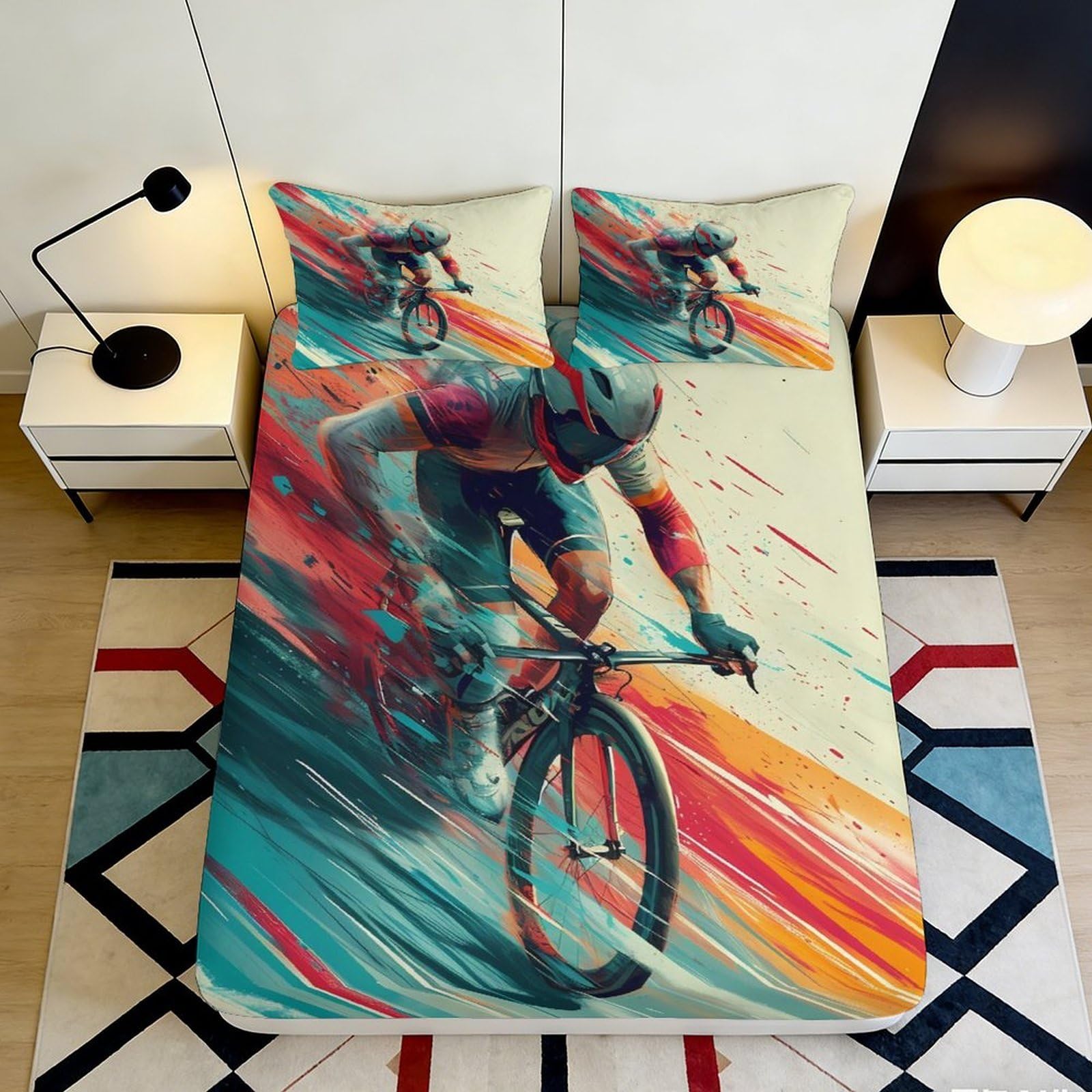 3D Printed Cycling Athlete Fitted Sheet Microfiber Vibrant Speed Art Mattress Cover for Bedroom Dorm Decor 90x200x25cm