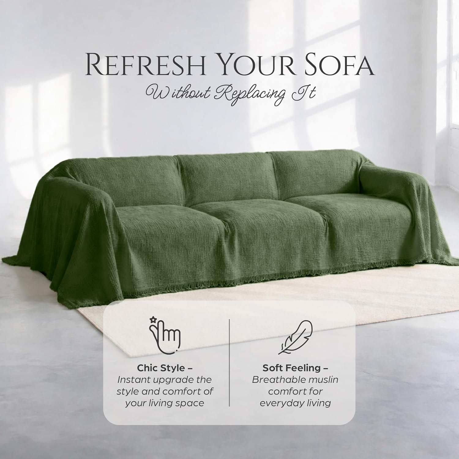 Extra Large Sofa Cover, Green 4 Layered Muslin%100 Natural Cotton Washable Couch Covers for 4 Seater, Sectional L Shape, U Shape, Oversize Couch Cover (Green, 102x181/260x460cm)