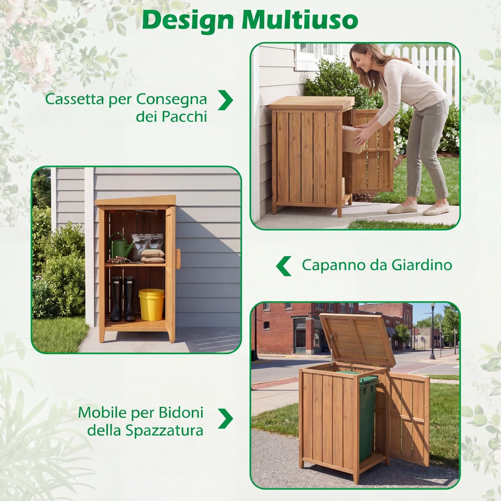 COSTWAY Armadio da Esterno in Legno Massello con Ripiano Rimovibile, Casetta Porta Attrezzi con Porta e Coperchio Apribile, Contenitore per Bidoni Spazzatura per Giardino, Cortile e Patio