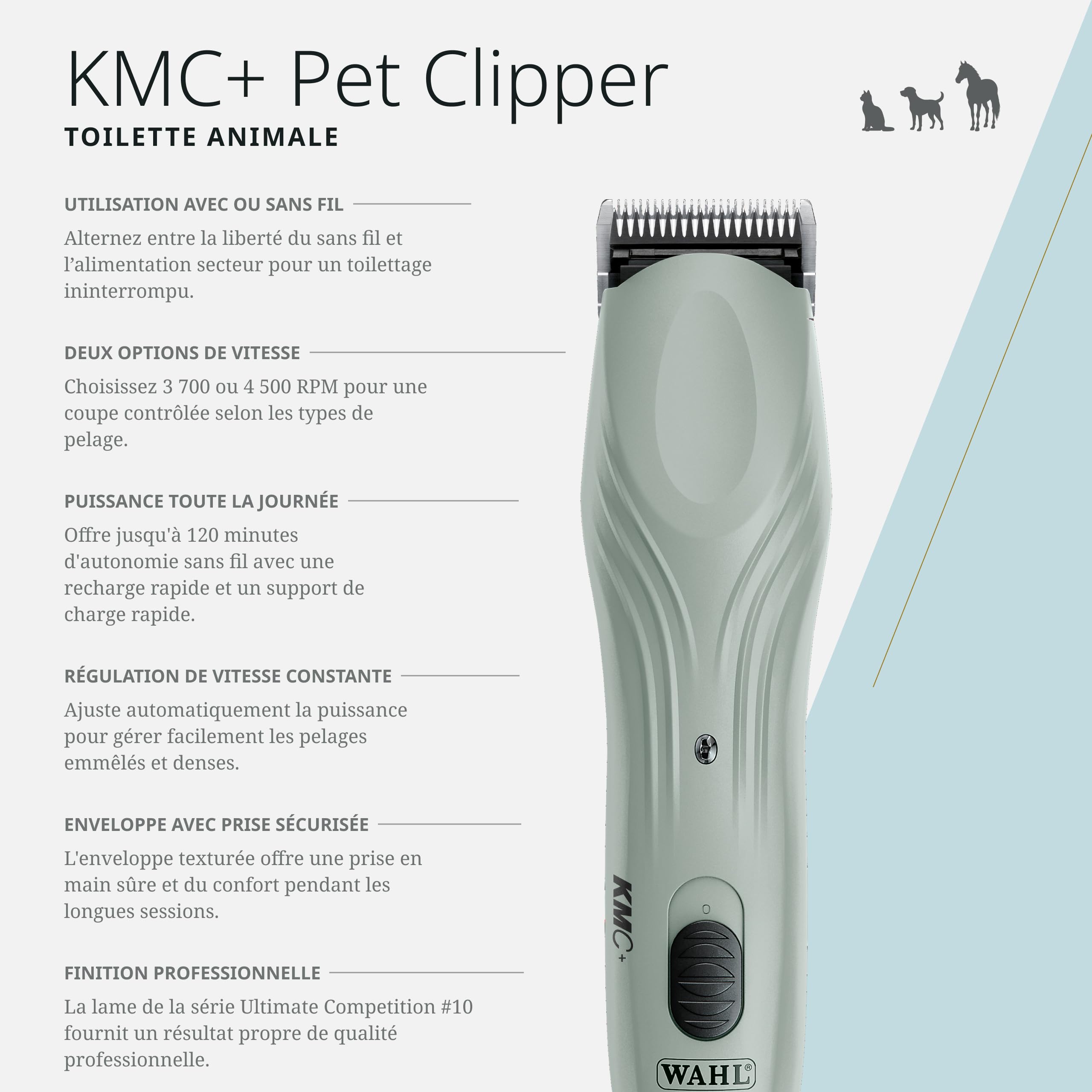 Wahl KMC+ Tondeuse pour Animaux - Moteur Sans Brosse, Boîtier Texturé, Réglages à Double Vitesse, Utilisation Cordon/Autonome - Autonomie de 120 Minutes
