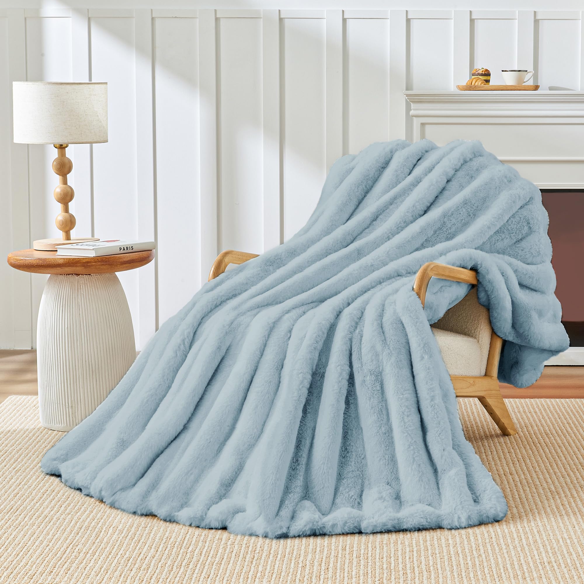 Faux Rabbit Fur Throw Blanket for Couch,Soft Fluffy for Women Blue | Striped Blanket for Sofa Bedroom Living Room, Home Decor Gifts,Ultra Soft Plush Blanket for Women Birthday Gifts Blue Throw Size - 50' x 60'