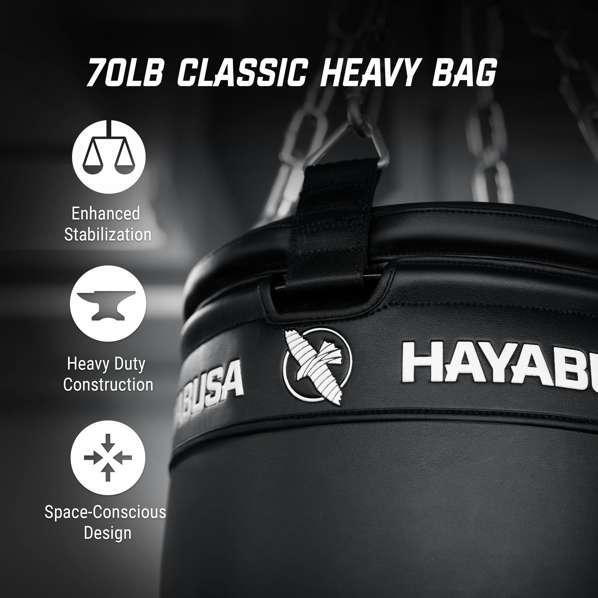 Hayabusa Classic Heavy Bag Pre-Filled Design and Specialized Hanging System - Black, 70lb
