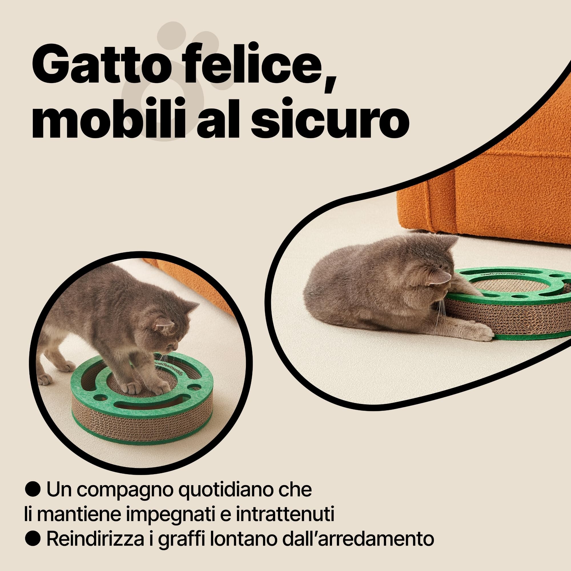 Tiragraffi per gatti con pista a sfere con campanellino – Gioco interattivo per gatti, tappetino tiragraffi in cartone ondulato con erba gatta, tavola tiragraffi, accessori per gatto (Arancione)