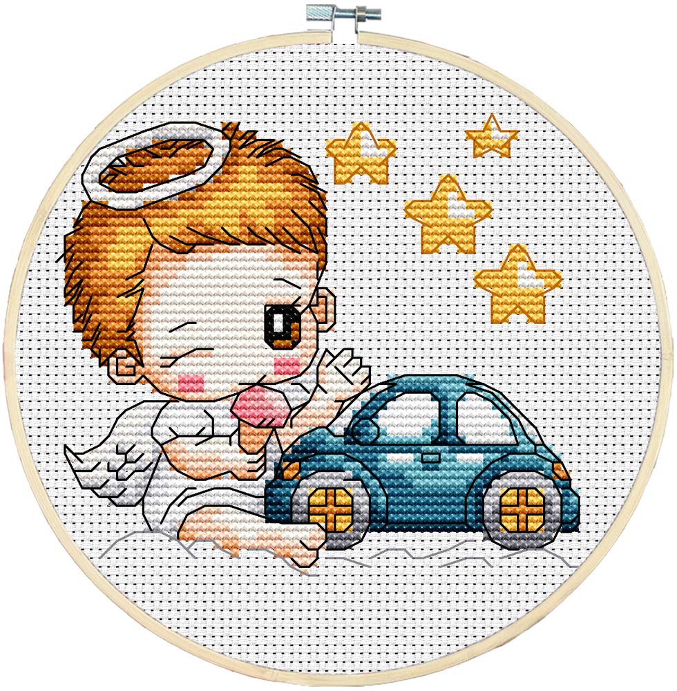 Wowdecor Boys Cross Stitch Embroidery Starter Kit, Angel Stars Car 11Ct Stamped Diy Dmc Needlework Easy Beginners