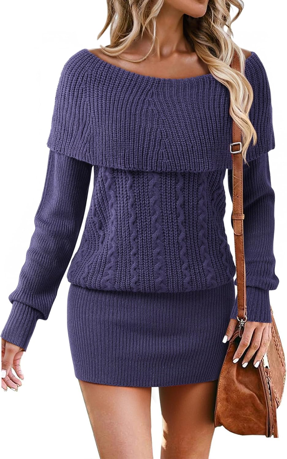 Bebonnie Women's Long Sleeve Cowl Neck Chunky Cable Knit Sexy Bodycon Mini Sweater Short Dress - Image 2