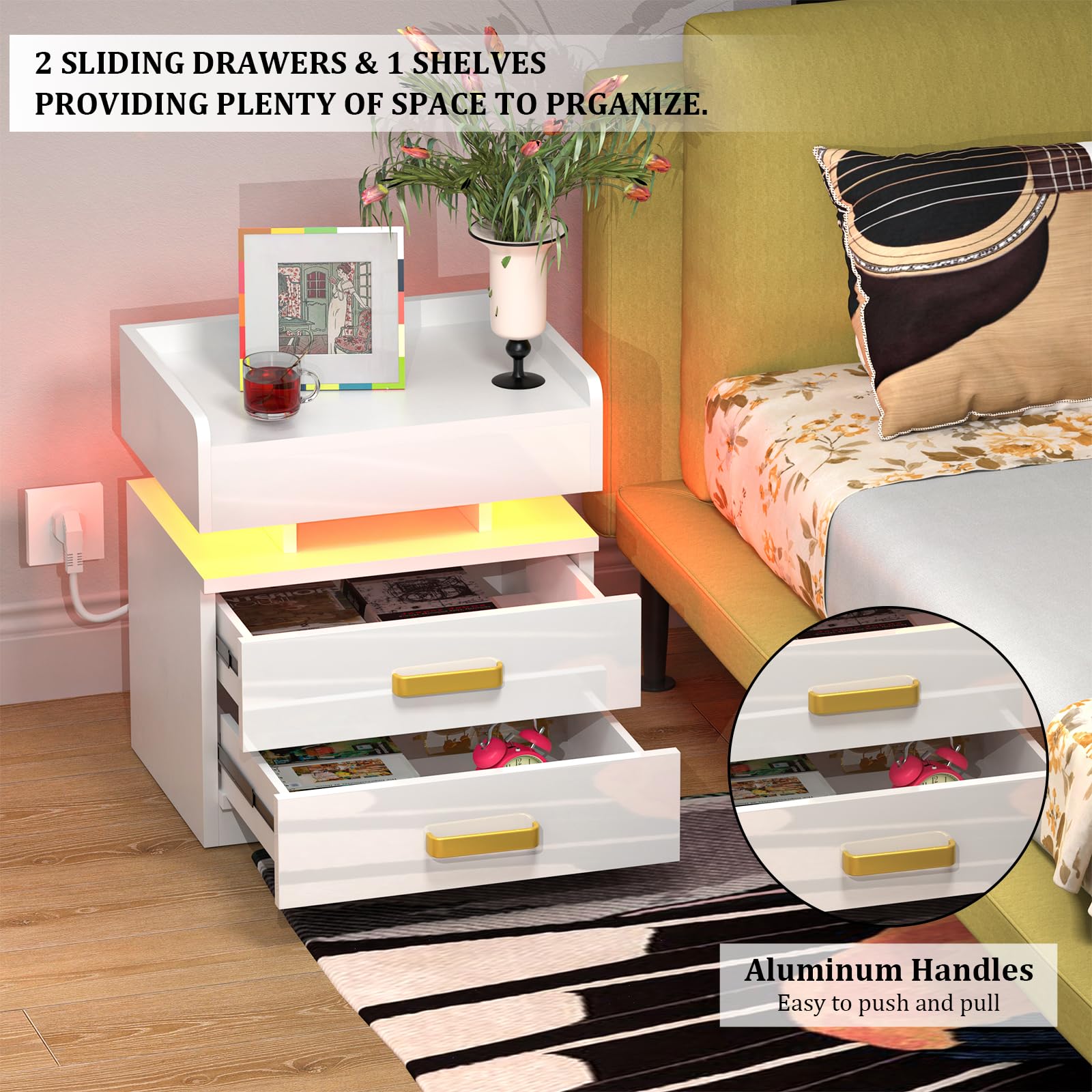 SONGMICS Comodino con 2 cassetti Bianco, Comodino, Comodino, ripiano