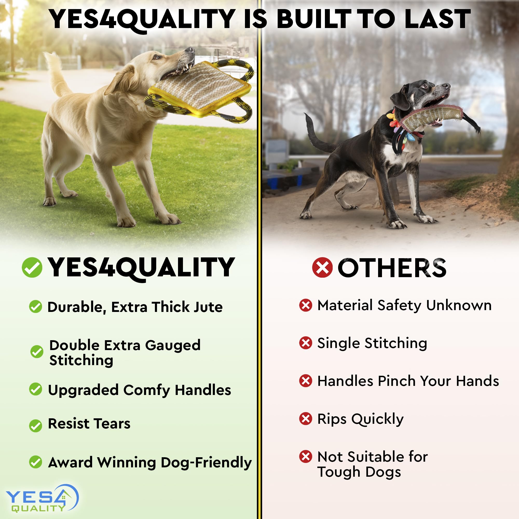 YES4QUALITY Durable Dog Bite Pillow - 10"x7" - Safe Biting Pad with 3 Strong Handles - Tough Jute Tug Toy for Medium to Large Dogs - Ideal for Tug of War, K9, Schutzhund & Puppy Training