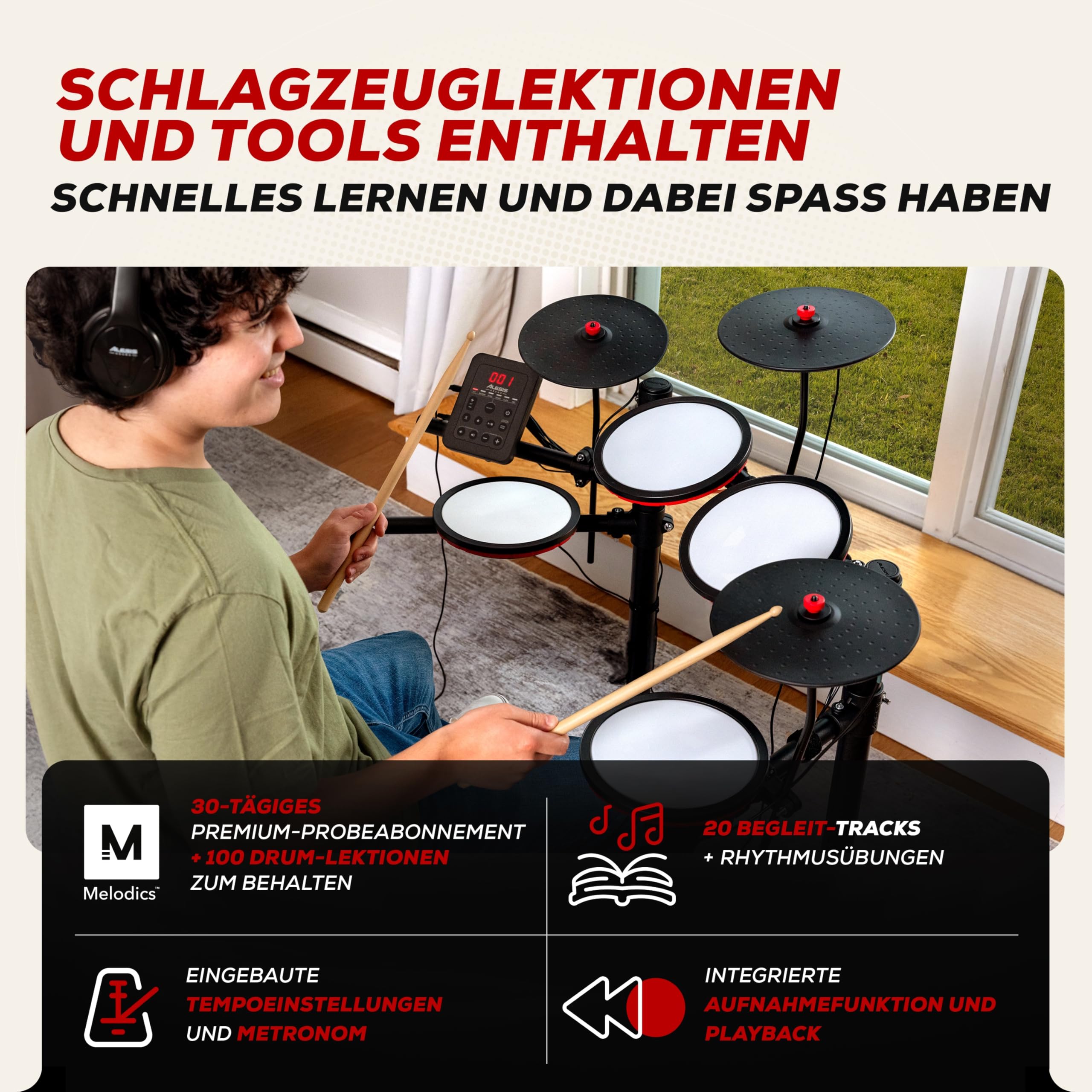 Alesis Turbo Max Schlagzeug Elektronisch mit leisen 8-Zoll Mesh Pads, Lektionen, Bluetooth und Zubehör, faltbar