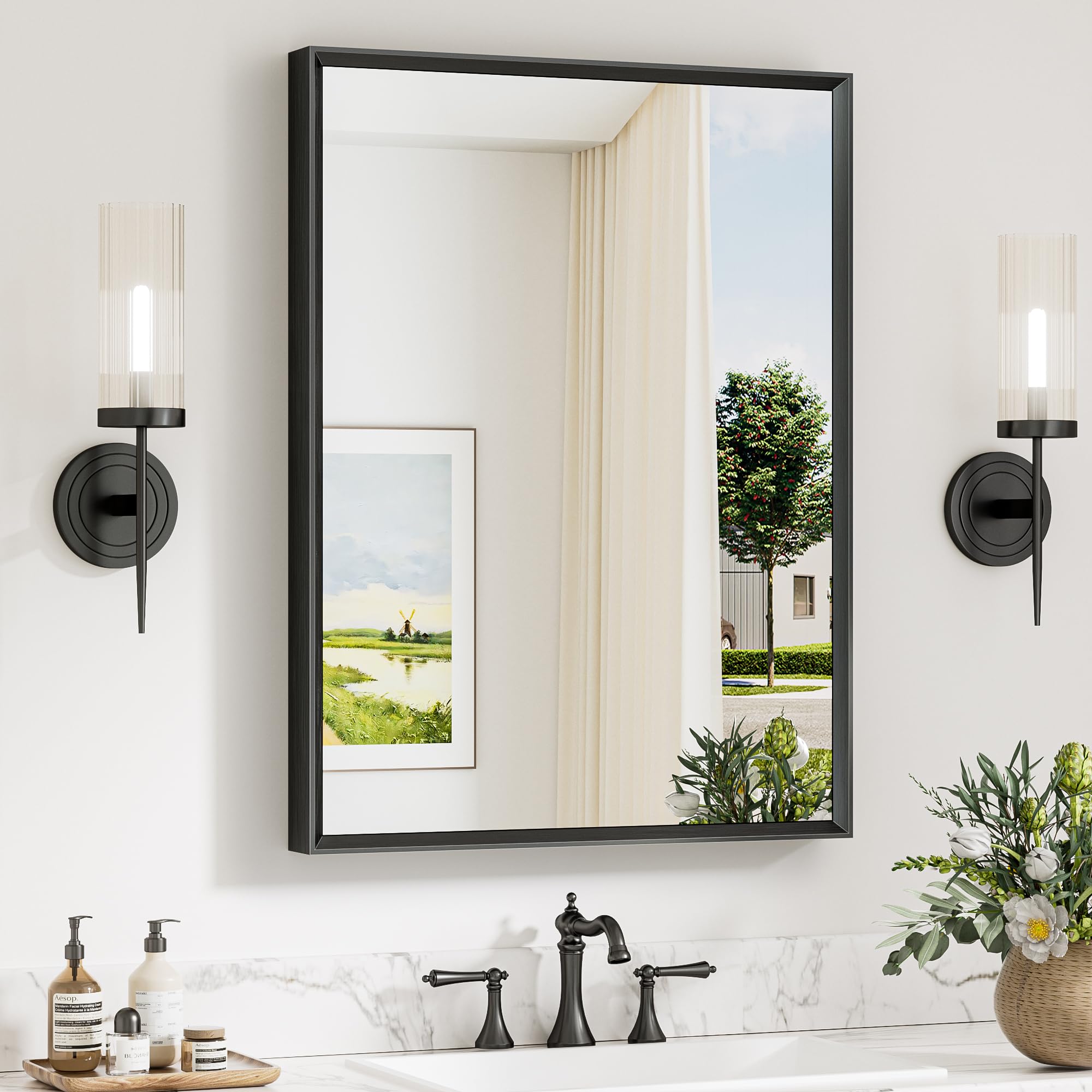 24 x 32 inch black bathroom mirror, beveled rectangle framed mirror for wall, black bathroom vanity mirror for over sink, tempered glass, square corner, farmhouse style