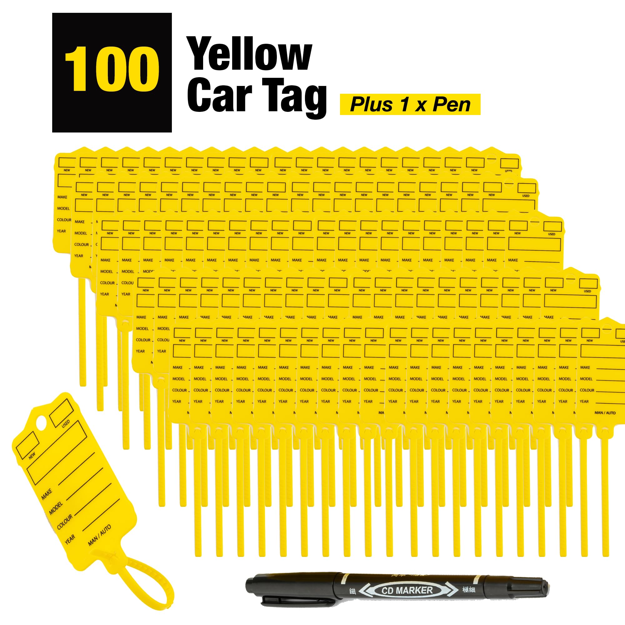Satargo Car Key Tags, Yellow Plastic Self-Tie Labels for Vehicle Dealers and Mechanics, with Marker Pen (100)