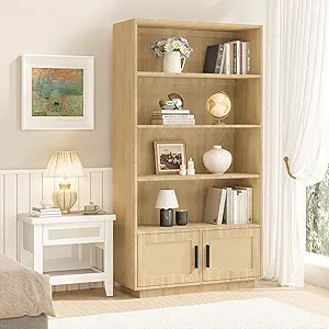GarveeHome 5 Tier Bookshelf, Boho Bookcase with Rattan Doors, Wooden Bookcase and Bookshelf with Storage, Tall Book Stand, Large Bookshelf for Living Room, Bedroom, Home Office, Kitchen