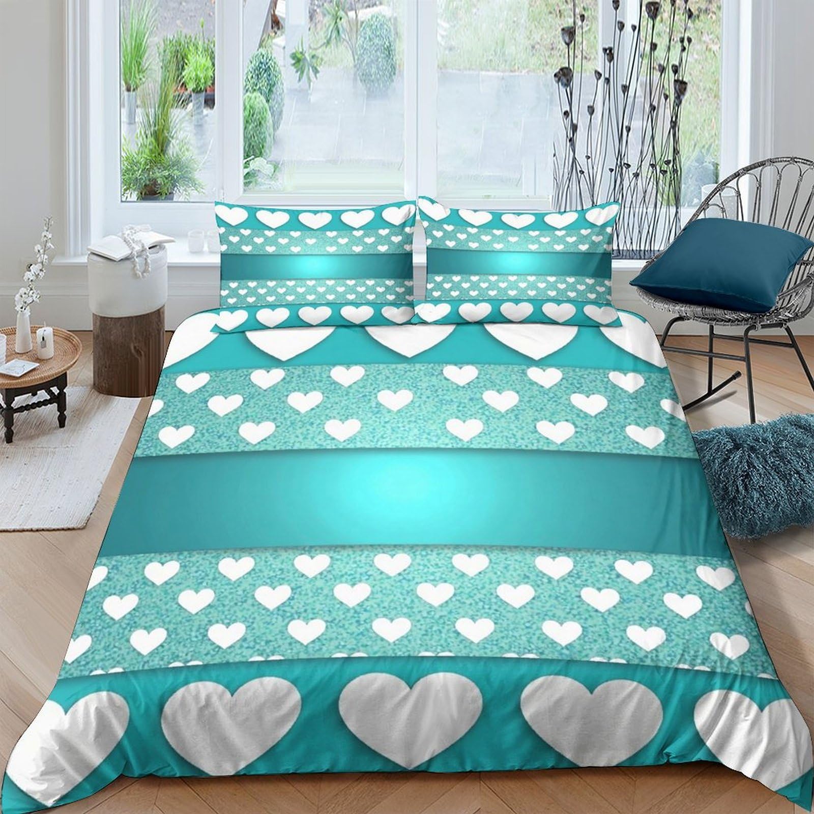 Ctjqhvkz Style-8 3D Printed Teal Heart Pattern Fitted Sheet Microfiber Soft Breathable White Hearts Mattress Cover For Bedroom Dorm Decor Single（135X200cm）