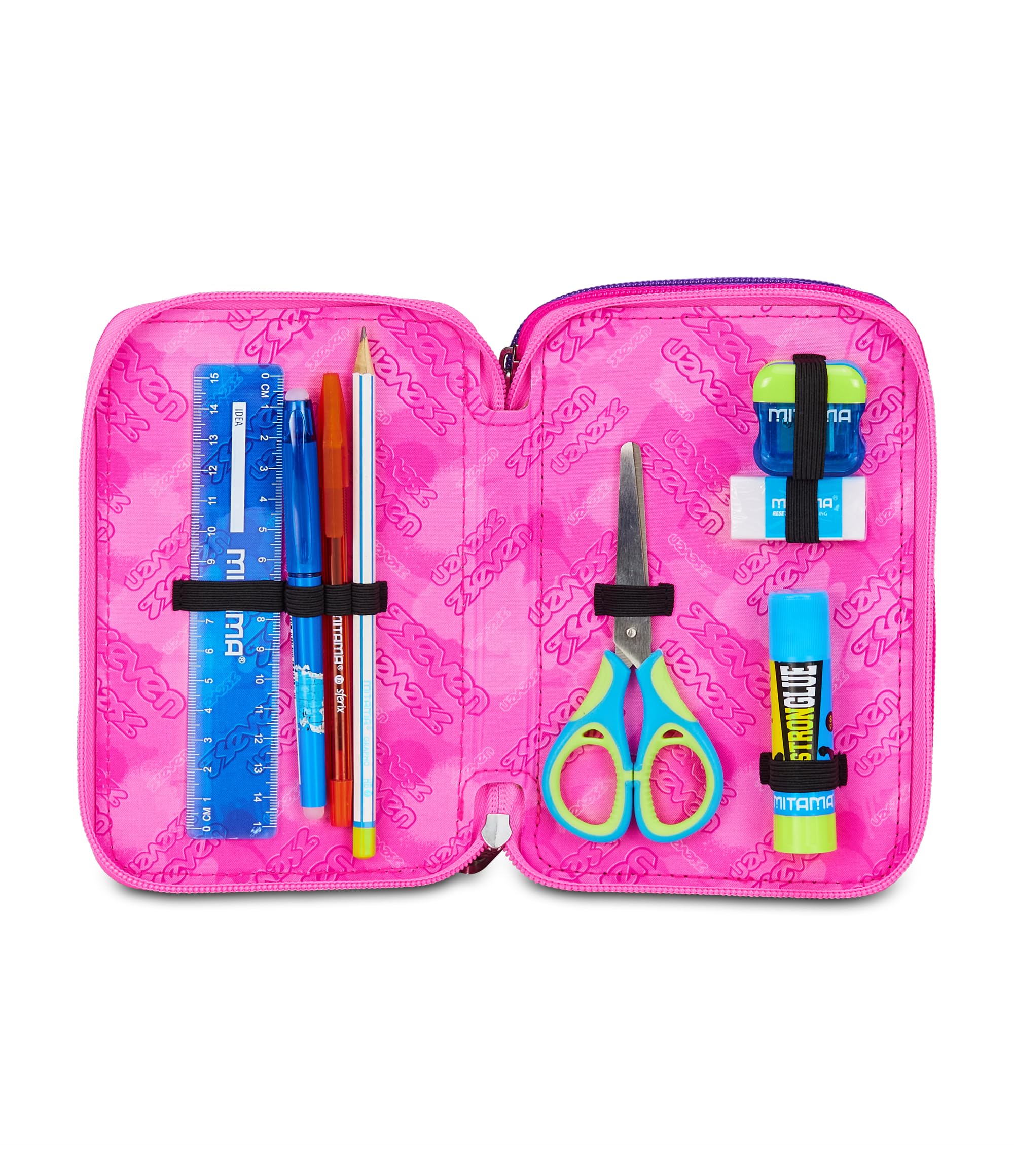 Seven Bundle Zaino Doppio Scomparto Estensibile, Rosa, Schienale Preformato, Bambina e Ragazza, Scuola + Astuccio 3 Zip, Rosa, Portapenne Triplo Scomparto Completo Di Penne, Matite, Colori