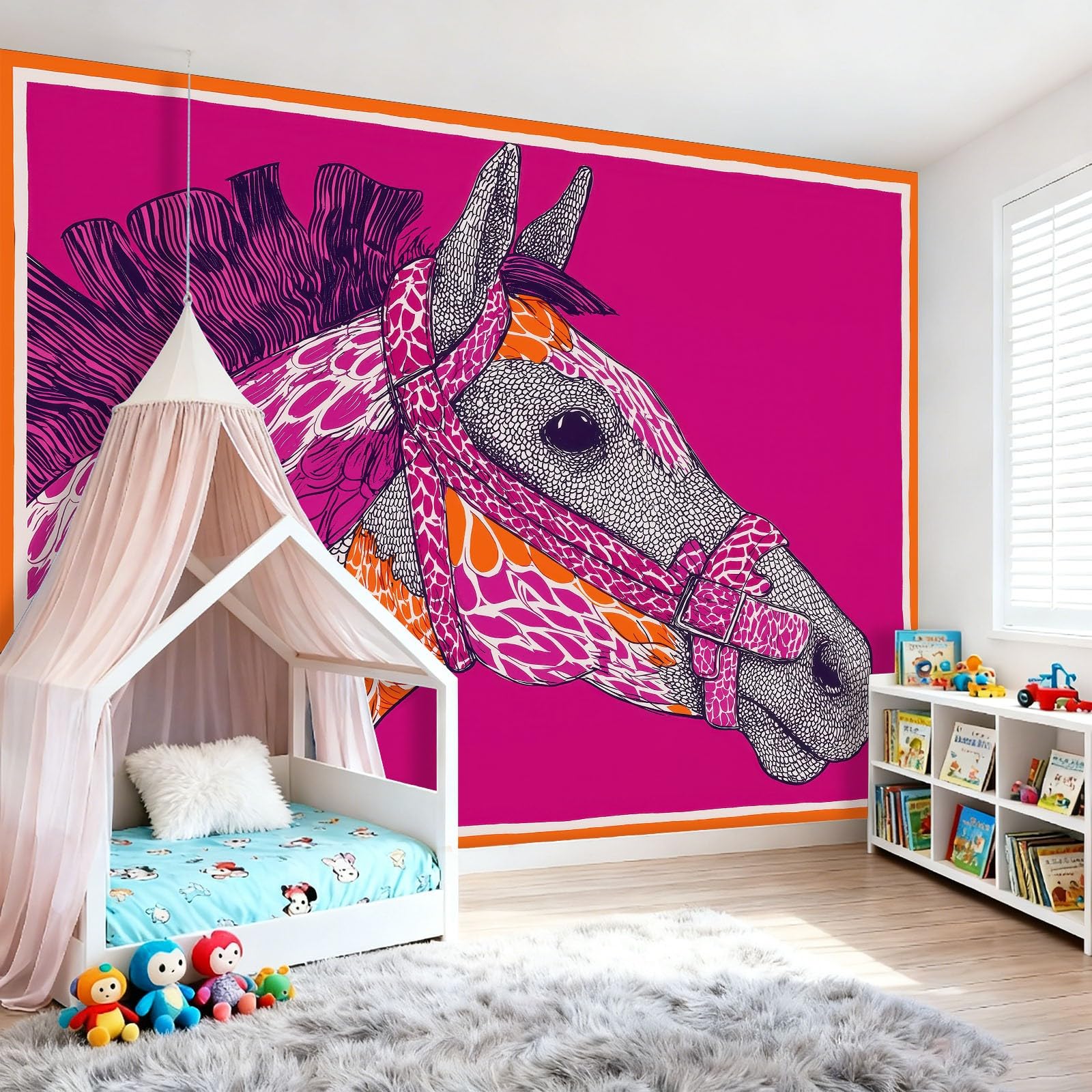 Tapeta 300 x 210 cm, abstrakcyjny wzór konia pop art, dekoracja z włókniny do pokoju dziecięcego i ściany TV, różowa