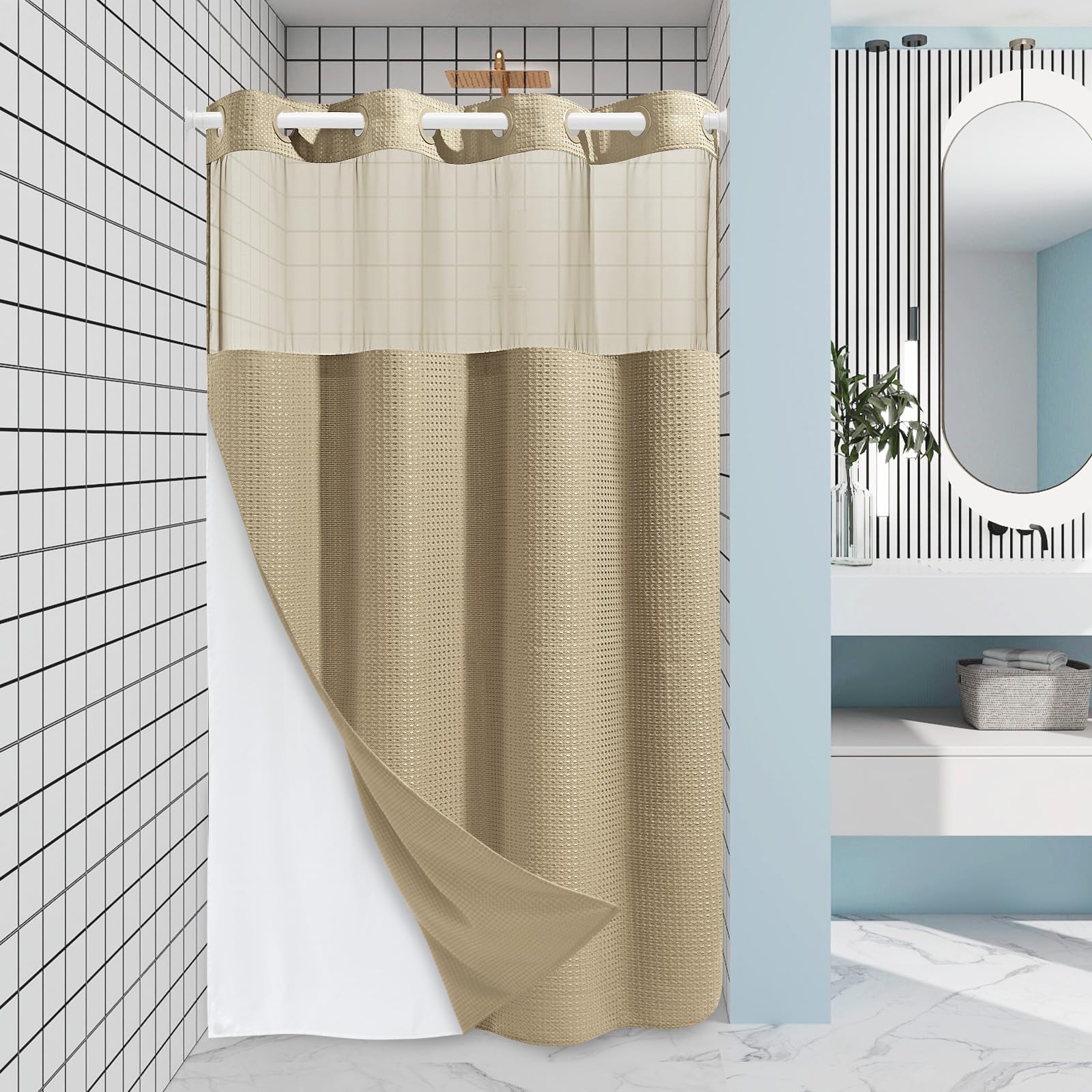 EUTXL Beige Stall No Hook Shower Curtain with Snap in Liner,230GSM Waffle Weave Shower Curtains for Bathroom,54W x 80H