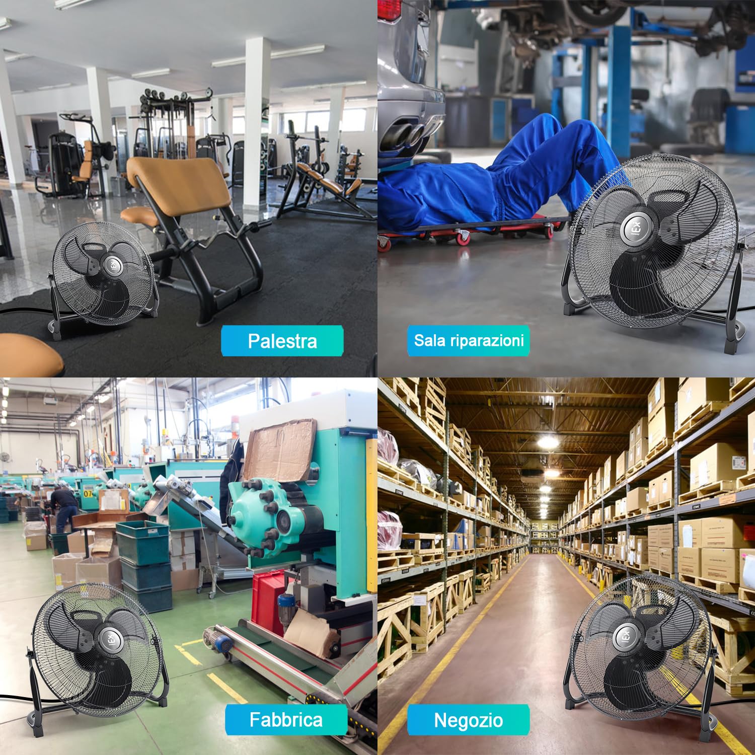 EXTRASTAR Ventilatore a Colonna Industriale da 50cm con Oscillazione Automatica 360° & 3 Velocità, 80W/1300 giri/min, Altezza Regolabile (101-130 cm), Nero