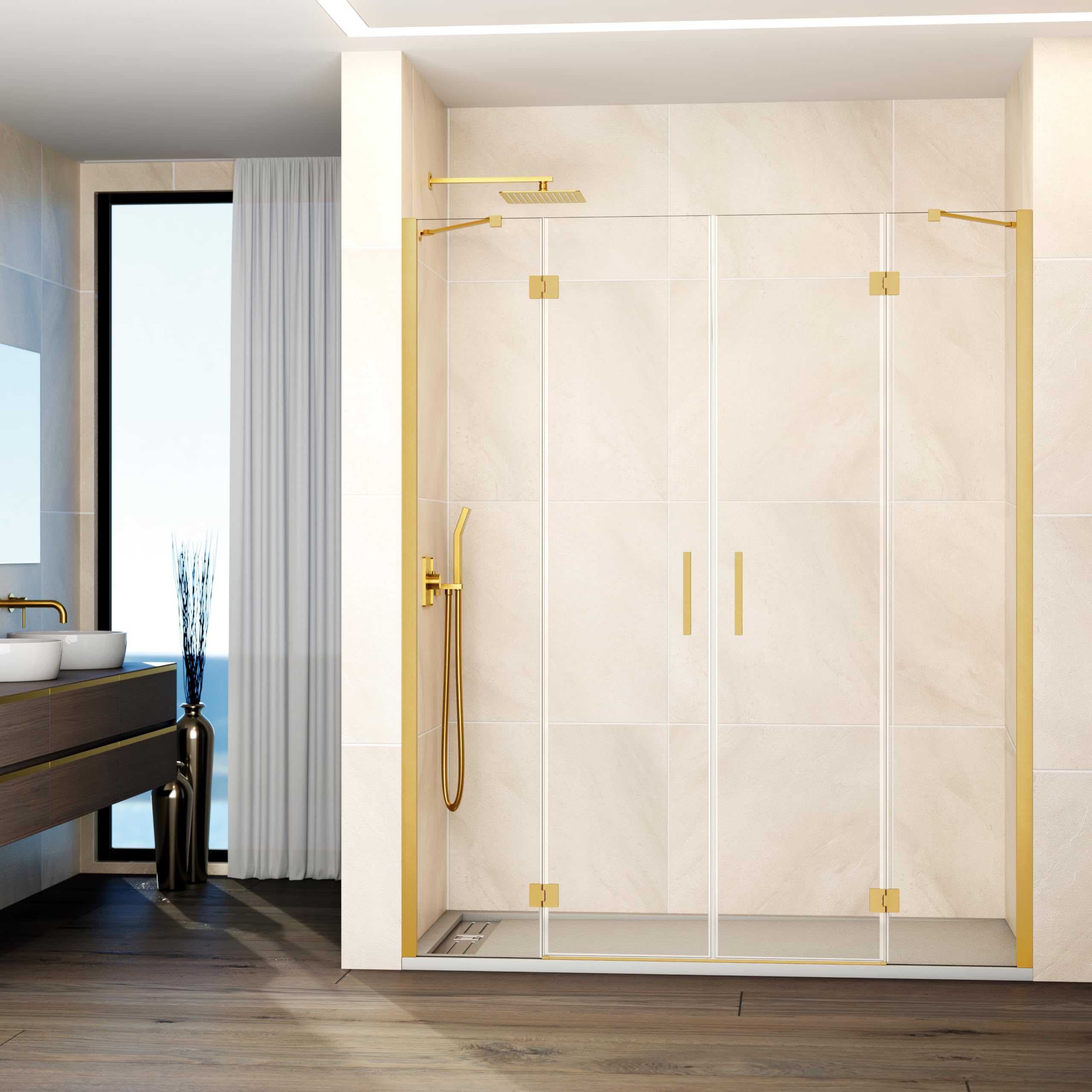 GME - Mampara Ducha Frontal 2 Puertas Fijas + 2 Correderas 155cm Oro | Mampara de Cristal con Perfilería de Aluminio y 195cm de Altura | Cristal Templado 6mm Antical Y Cierre Magnético