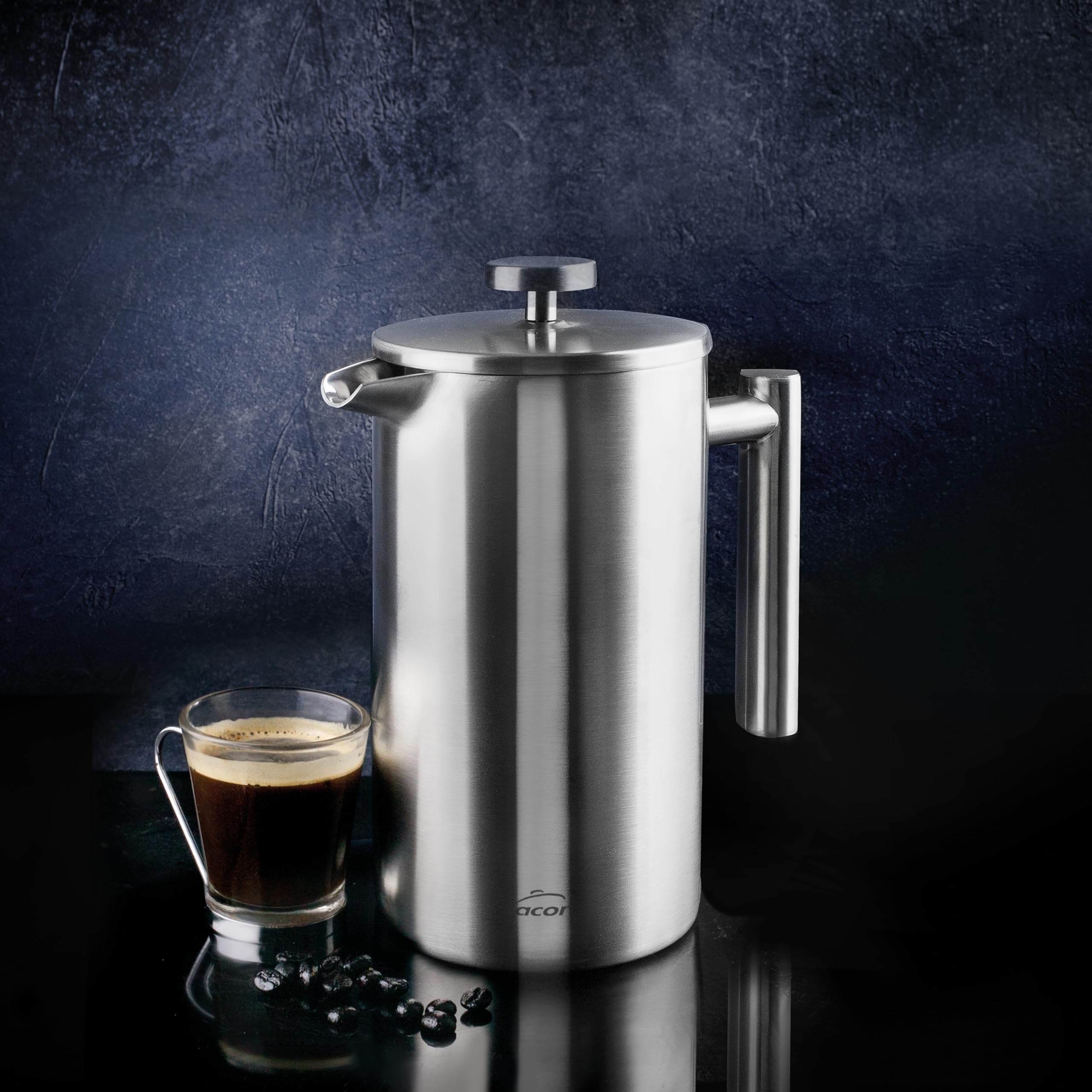 LACOR 62141 - Cafetera Francesa Manual, Doble Pared Acero Inoxidable | En acero inoxidable, para un café intenso en casa; doble pared aislante, agarre ergonómico, práctico y fácil de guardar