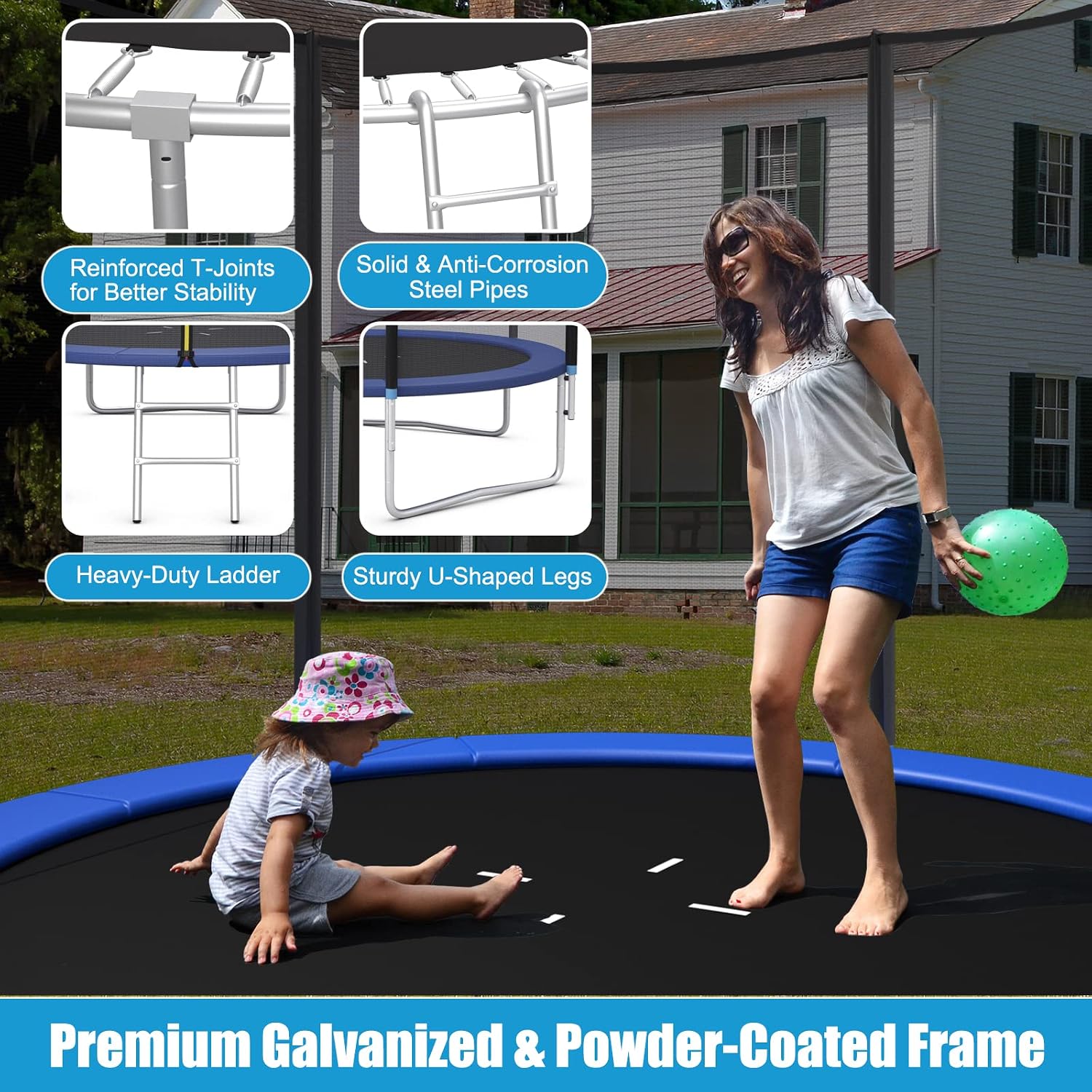 Giantex 8Ft 10Ft 12Ft 14Ft 15Ft 16Ft Trampoline for Kids Adults, ASTM Approved Trampoline with Net, Thickness Steel Pipes Wear-Resistant All Weather Outdoor Large Recreational Trampoline with Ladder