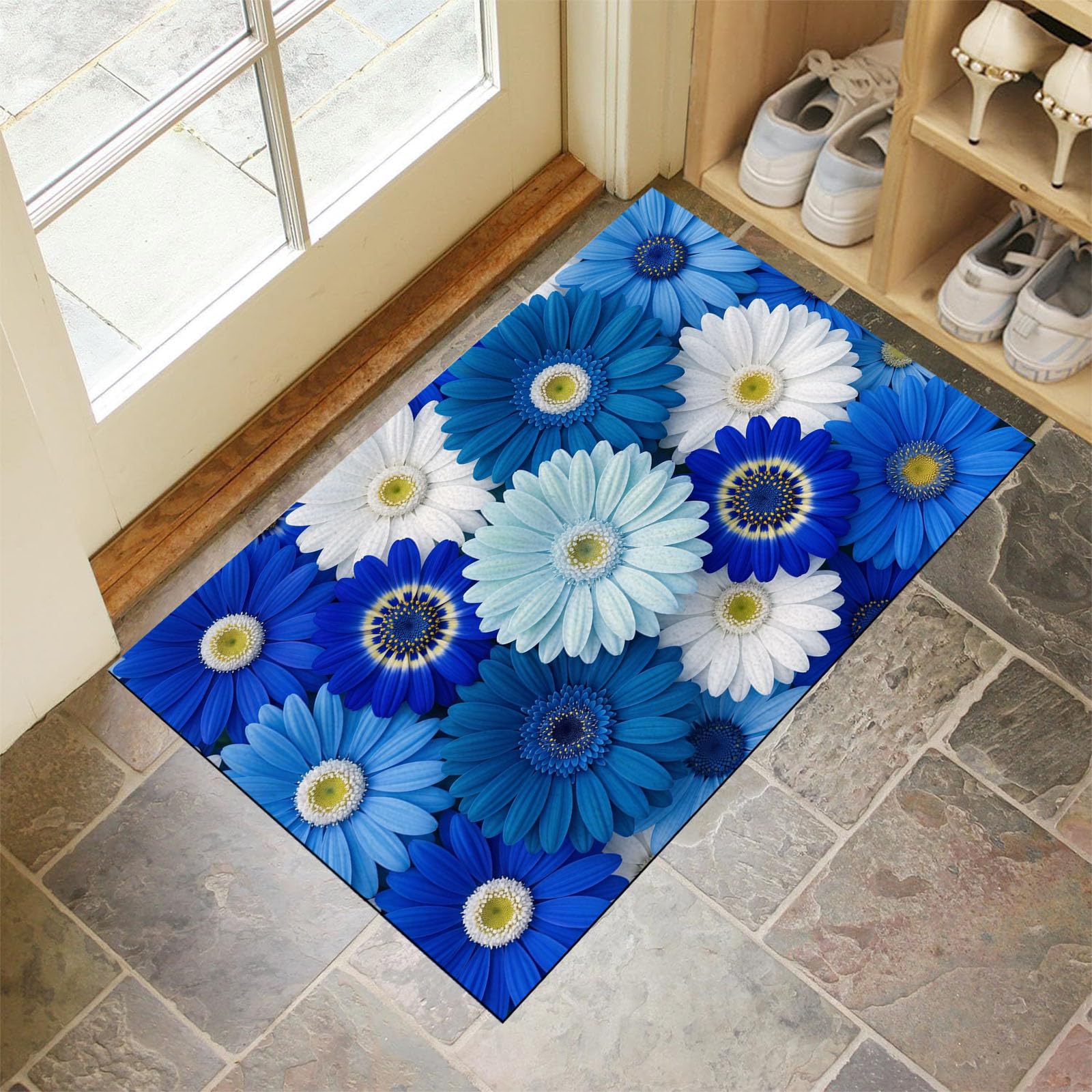 Zerbino Ingresso Interno Gerbera Con Sfumatura Realistica, Zerbino Di Benvenuto Lavabile Morbida Piante Fresche, Antiscivolo Tappeto Da Decorazioni Blu Per Casa Porta, 60X90Cm