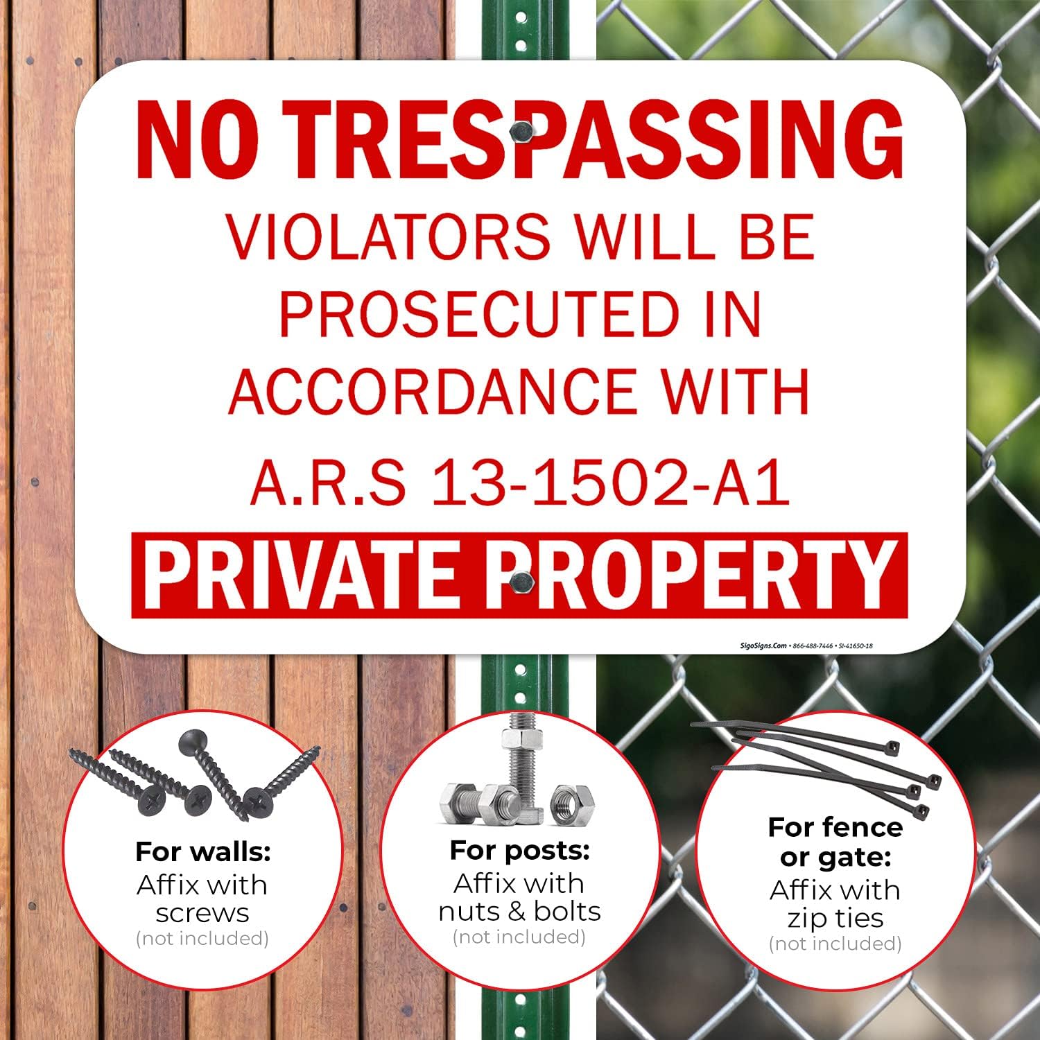 No Trespassing Private Property Sign, Ars 13-1502-A1, 12x18 Inches, Rust Free .063 Aluminum, Fade Resistant, Made in USA