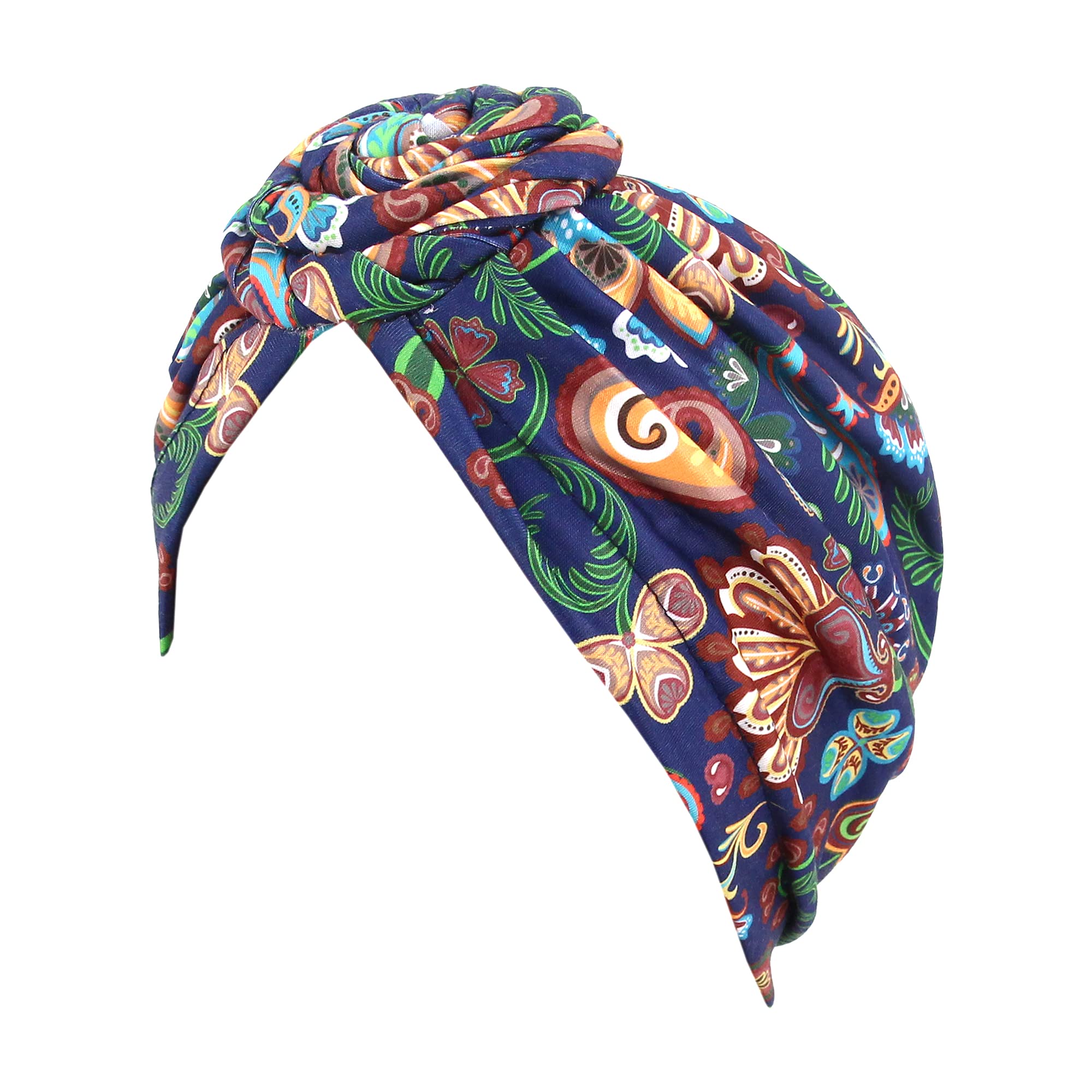 Women Pleated Twist Turban African Printing India Chemo Cap Hairwrap Headwear, Black, One Size