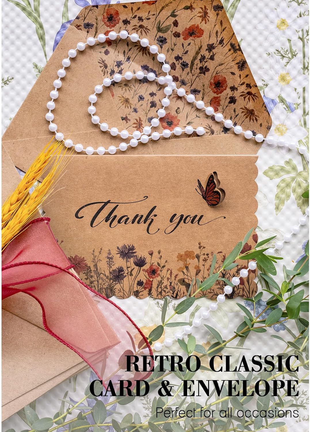 AZAZA Floral Thank You Cards with Envelopes 24 PK, Wedding Cards Unique Floral Design, 4x6 Wildflower Thank You Notes for Baby Shower, Bridal Shower, Sympathy (Kraft Butterfly) - Image 2