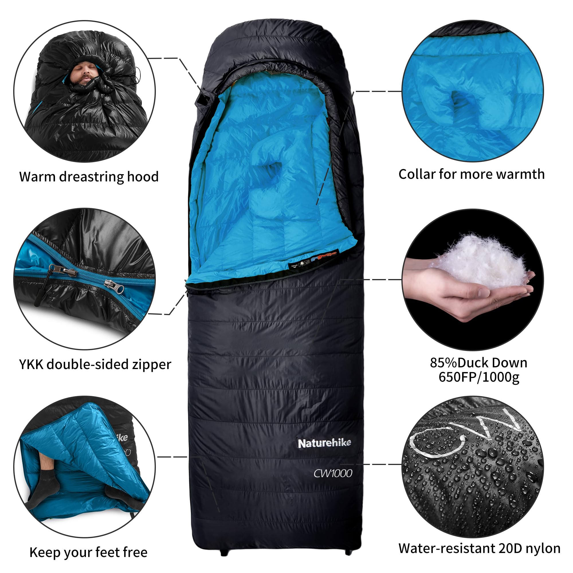 Naturehike CW1000 Saco de dormir de plumón ultraligero portátil compacto invierno saco de dormir 4 estaciones para adultos y niños al aire libre camping senderismo viajes con saco de compresión