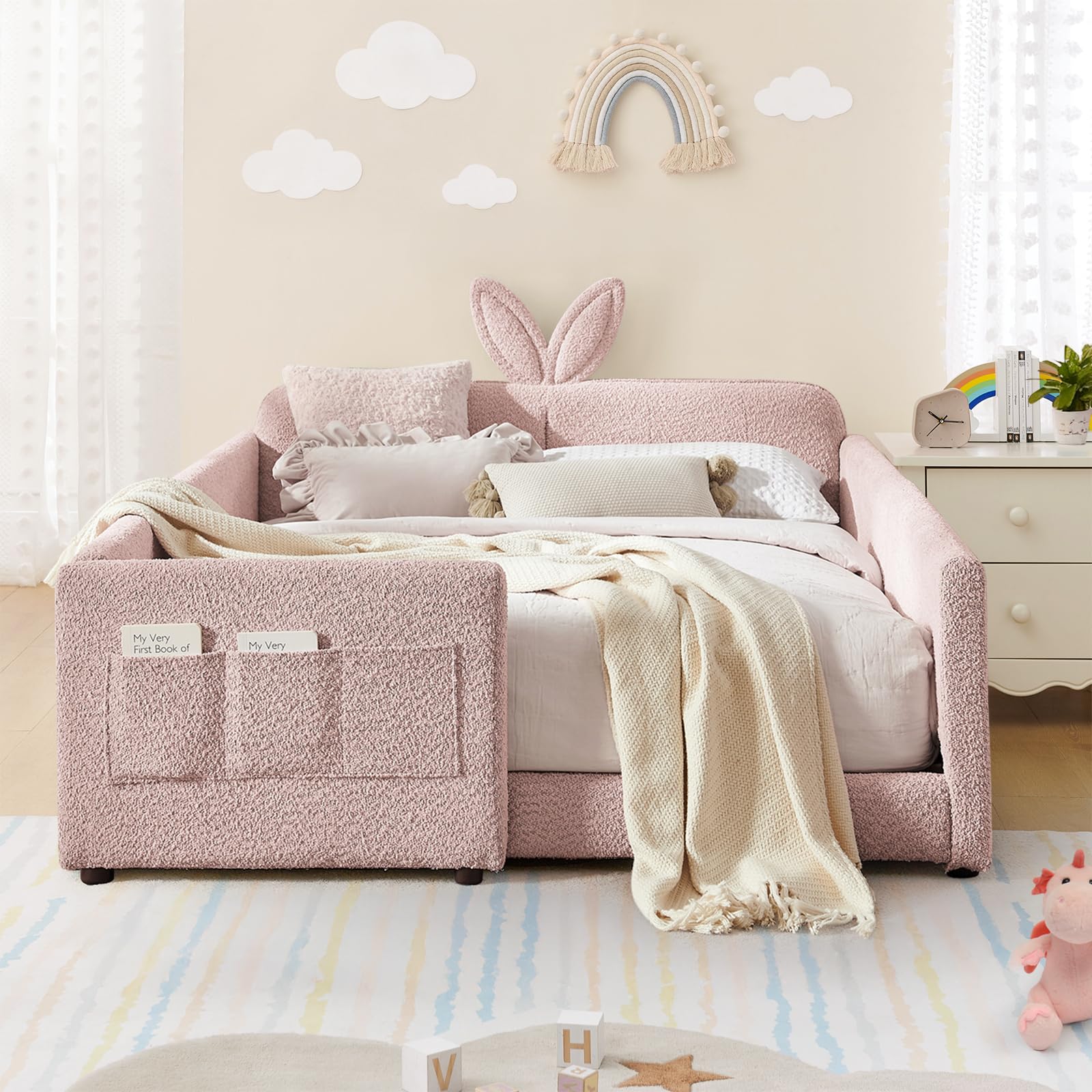 Full Size Kids Bed with Rabbit Ear Headboard, Upholstered Boucle Fabric Full Daybed with Slats Support &amp; Side Pockets, Space-Saving Wooden Corner Sofa Couch Bed Frame for Girls, Boys, Teenager(Pink)