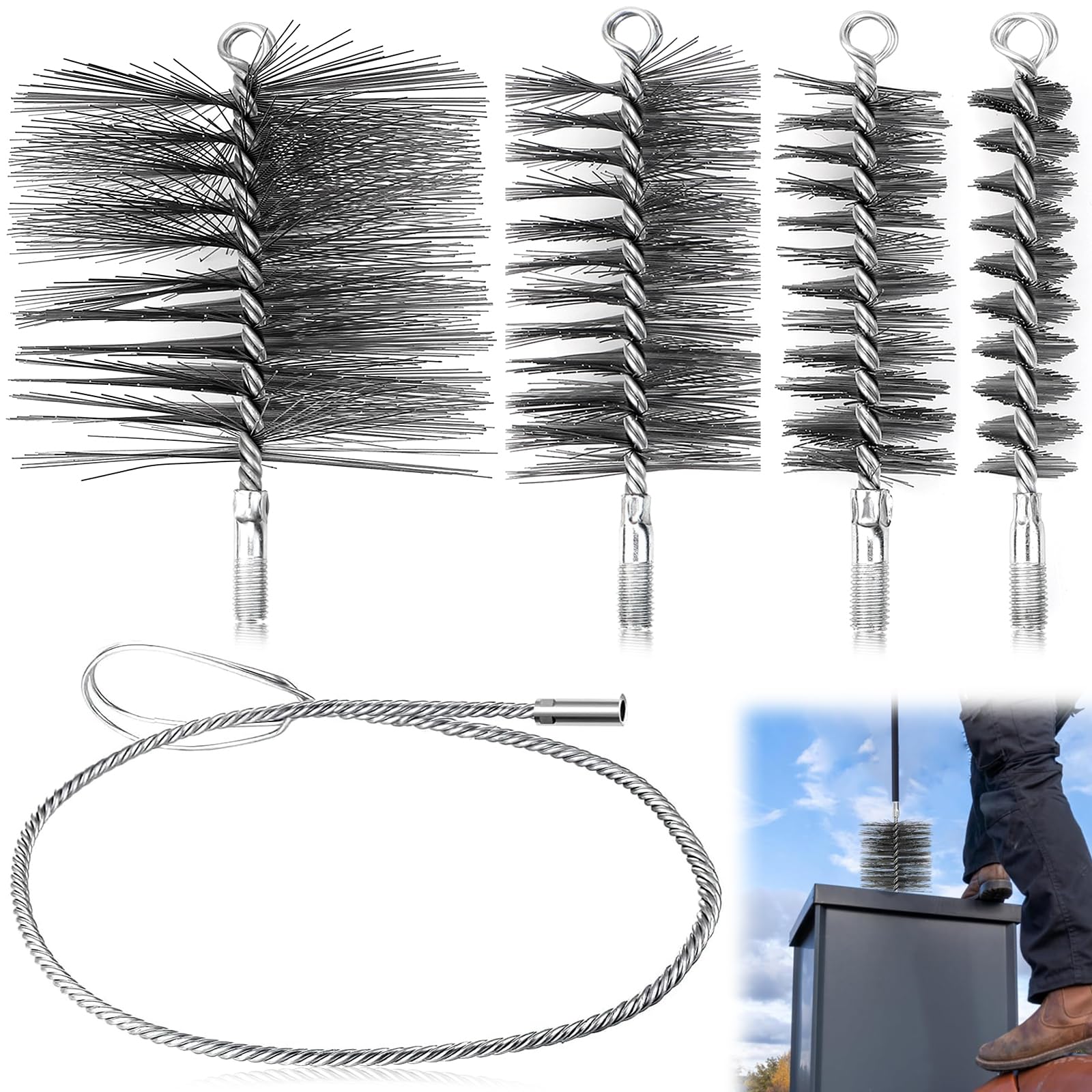 4 PCS Cepillo Deshollinador de Chimeneas 30/50/80/150 mm Cepillos de Tubo de Estuf con Alambre de Acero de 1m para Limpiar Chimeneas, Tuberías, Calderas