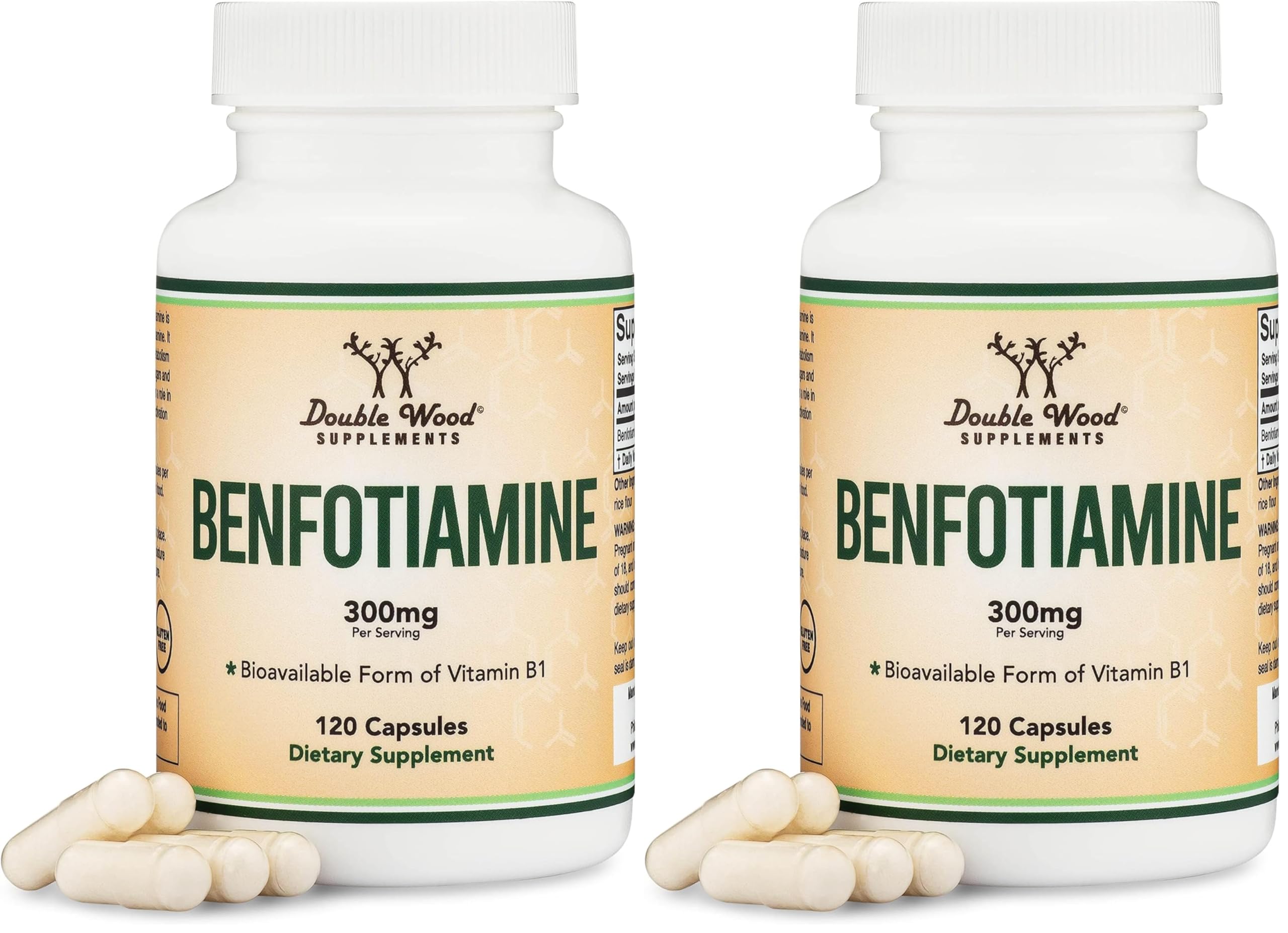 Benfotiamine 300mg Servings (Third Party Tested, 120 Capsules, 150mg Per Cap) Non-GMO, to Boost Thiamine B1 Levels (More Absorbable Than Thiamine, Fat Soluble) by Double Wood (Pack of 2) 120 Count (Pack of 2)